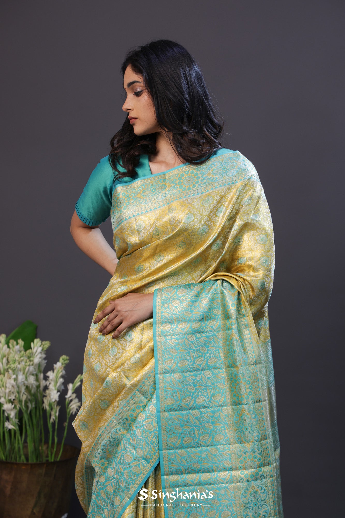 Pastel Yellow Tissue Kanjivaram Silk Saree With Meenakari Design