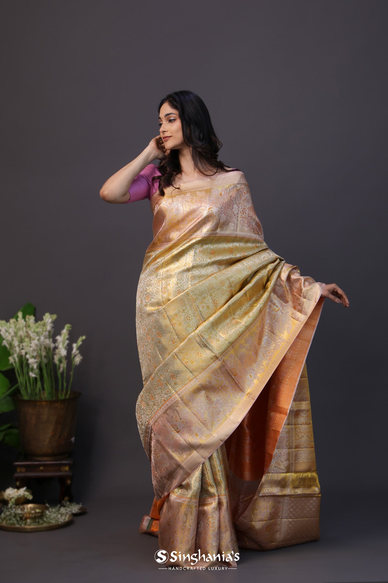 Pastel Green Tissue Kanjivaram Silk Saree With Floral Meenakari