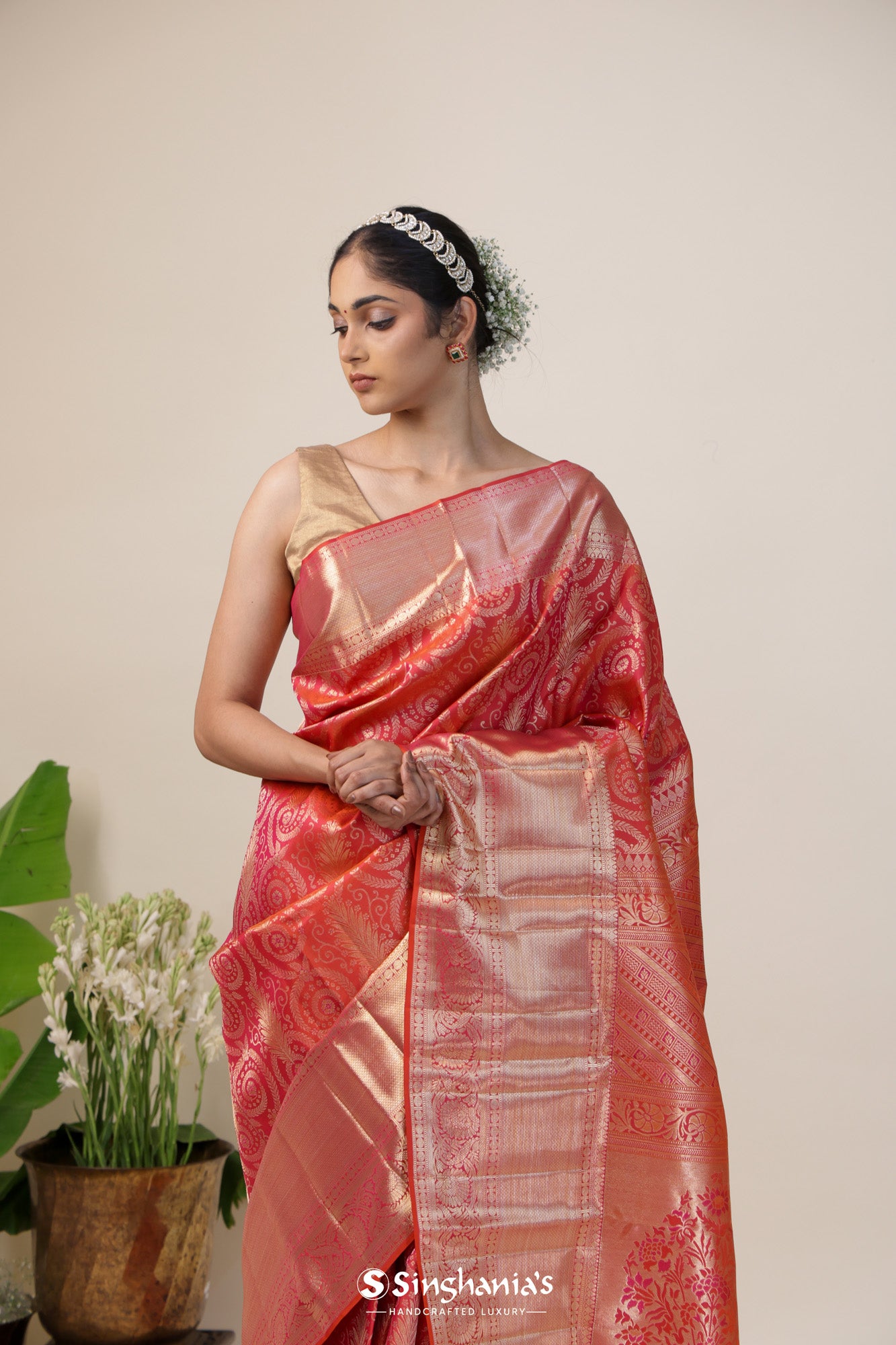 Hibiscus Red Kanjivaram Silk Saree With Floral Jaal Weaving