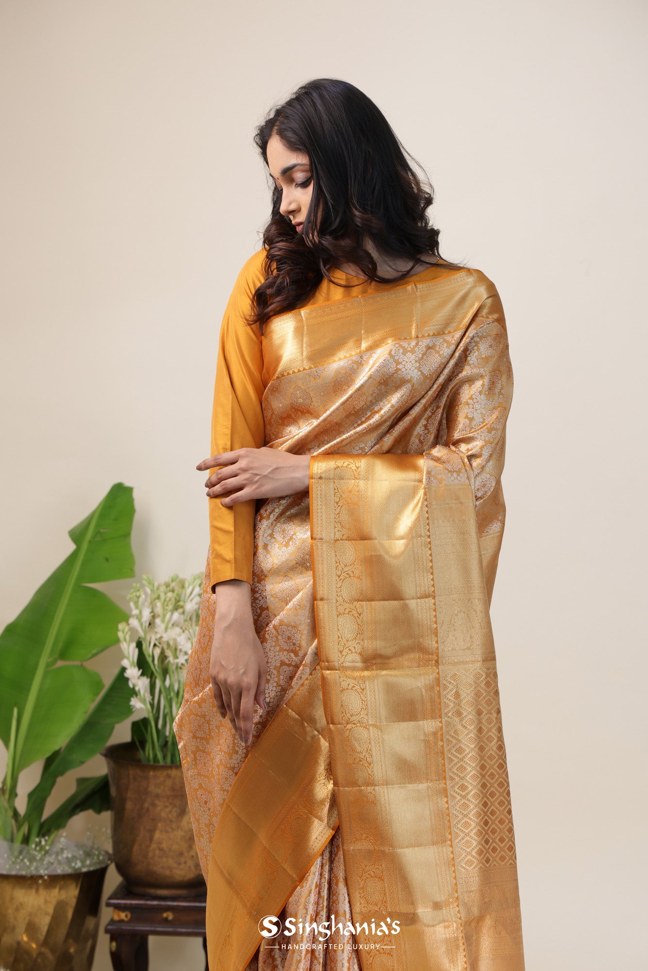 Gold Tissue Kanjivaram Silk Saree With Floral Design