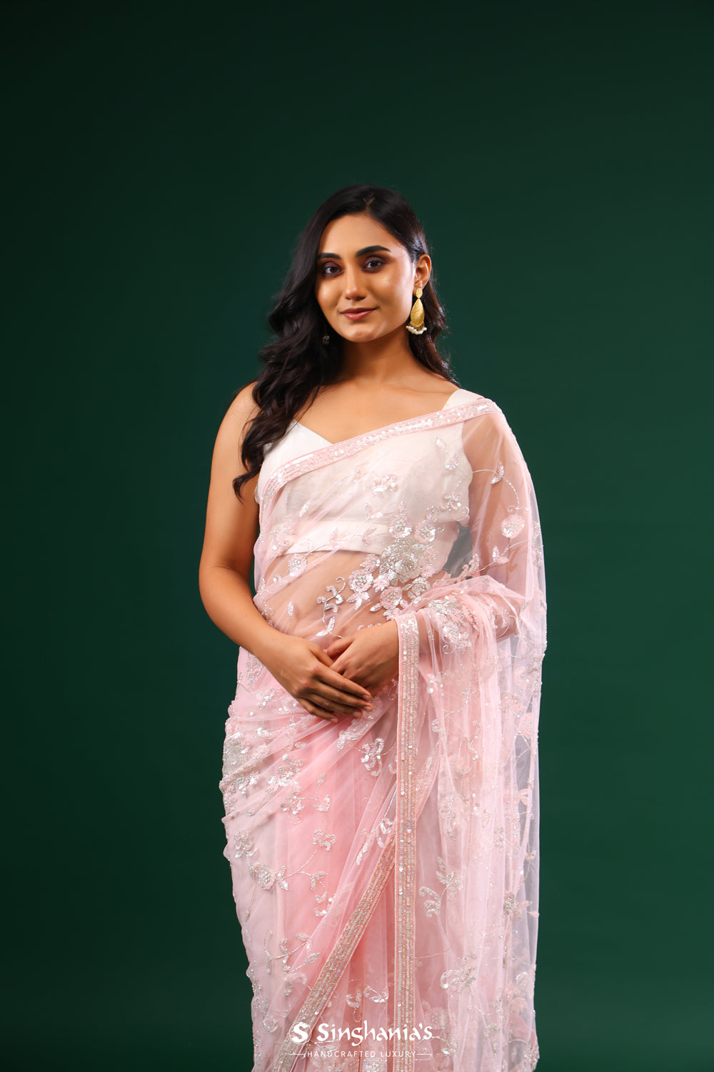 Baby Pink selling Floral Bunches Saree