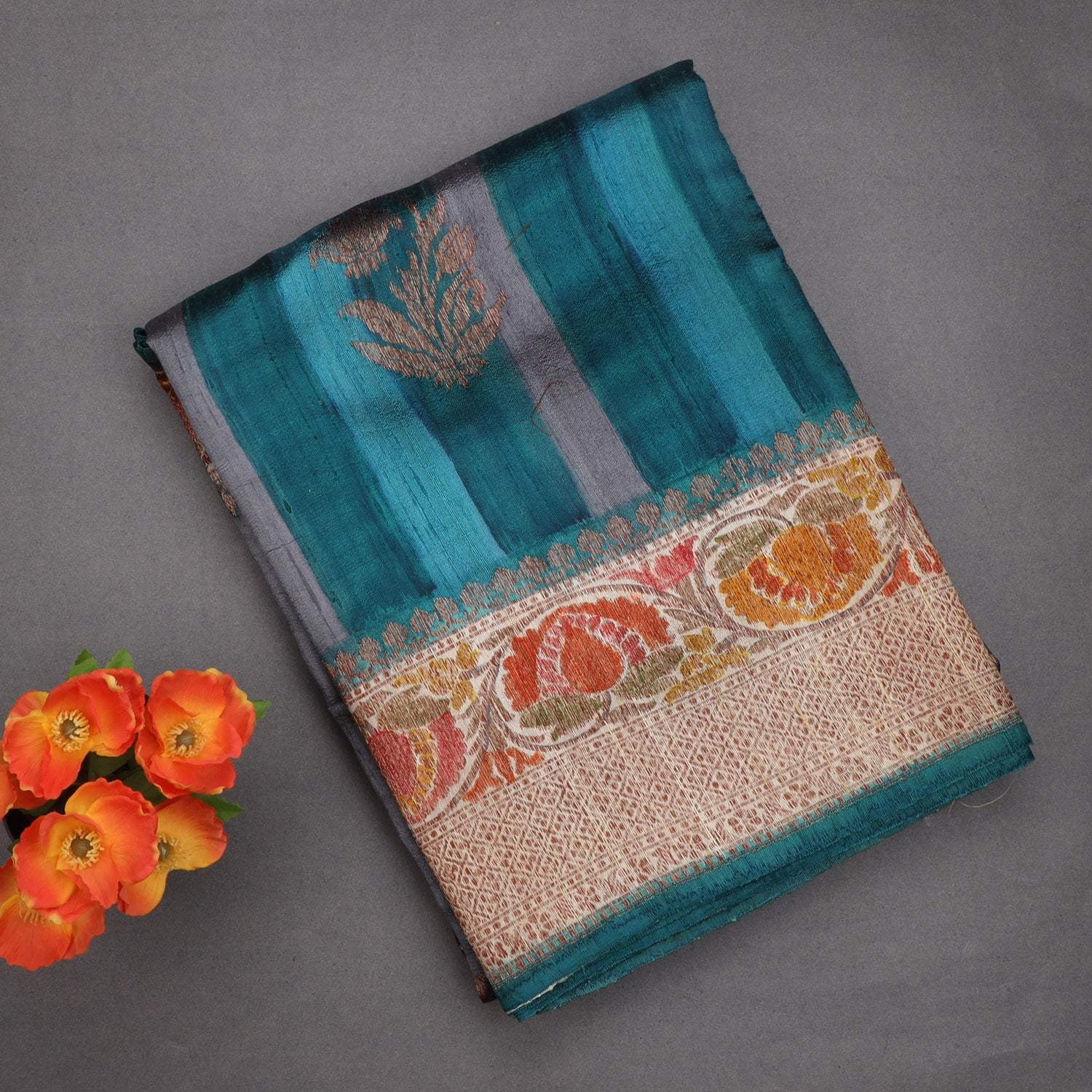 Blue Tussar Banarasi Silk Saree With Floral Motifs - Singhania's