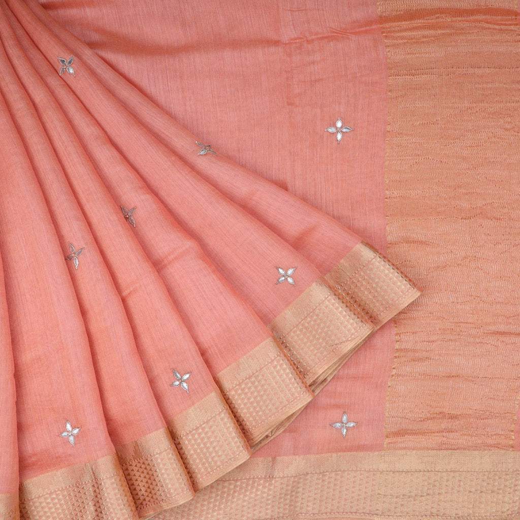 Light Peach Pink Hand Embroidered Moonga Silk Saree With Gota Patti - Singhania's