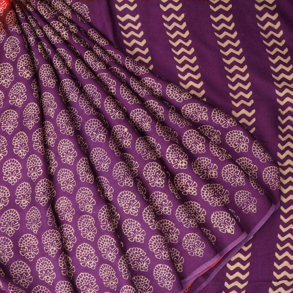 Violet And Brick Red Satin Printed Saree With Floral Pattern - Singhania's