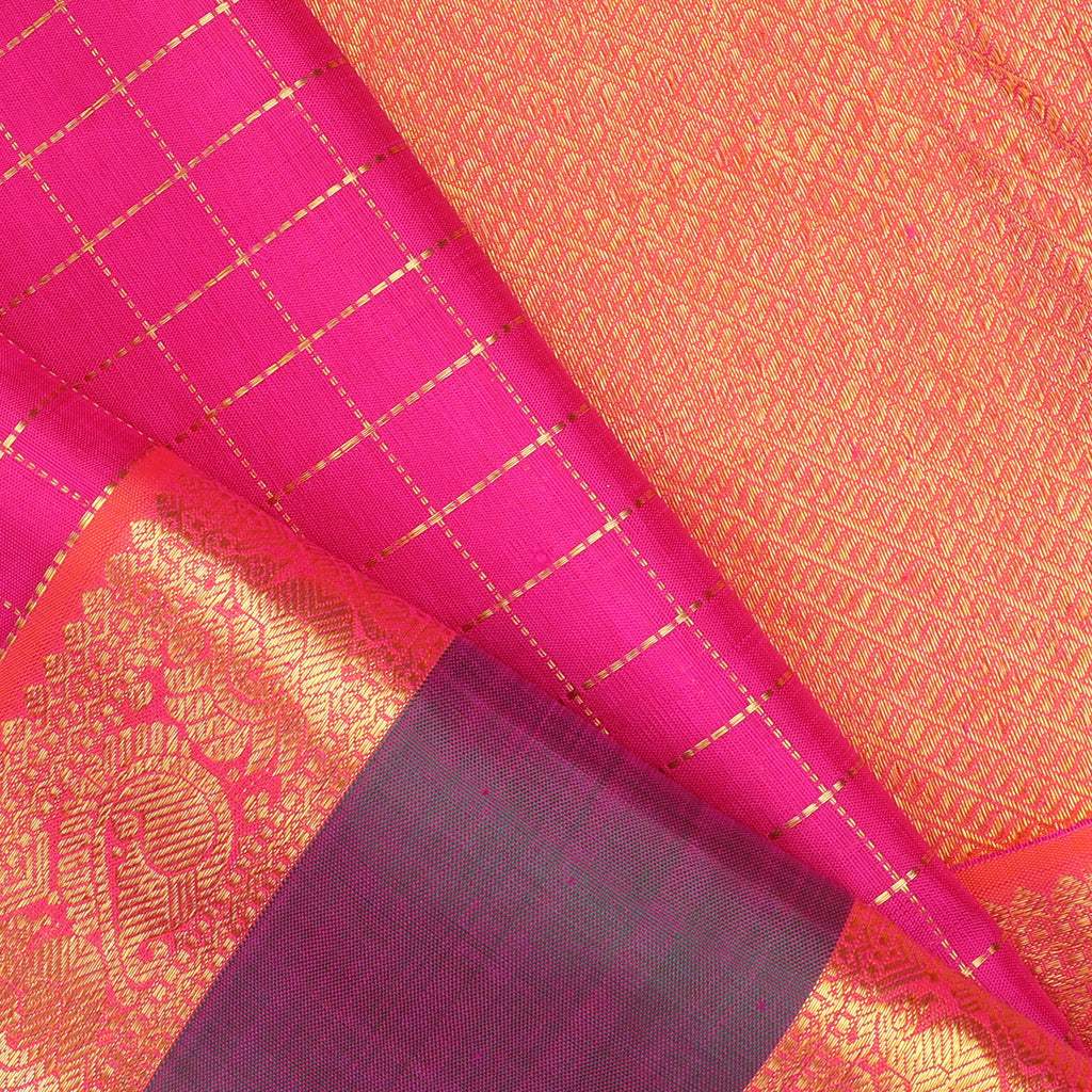 Vibrant Pink Kanjivaram Silk Saree With Checks Pattern - Singhania's