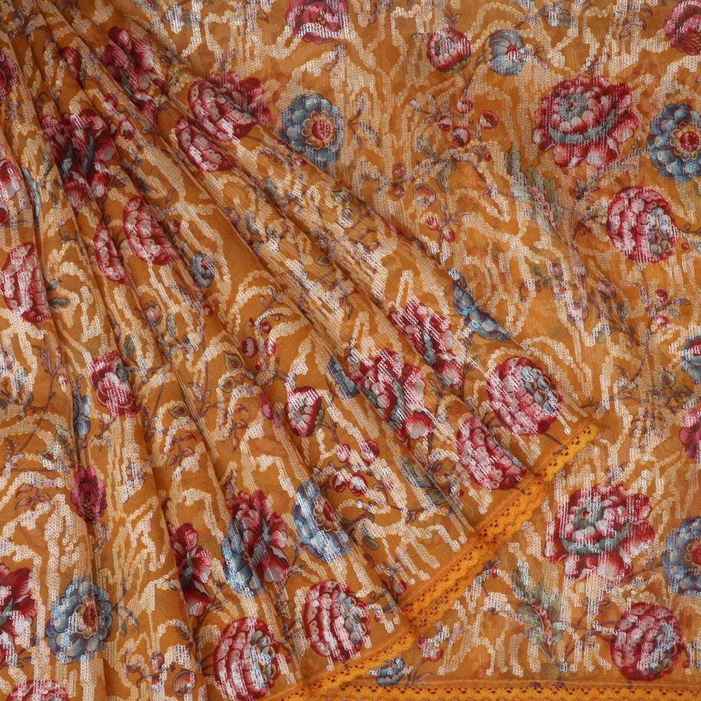 Tiger Orange Embroidery Organza Saree With Floral Print - Singhania's