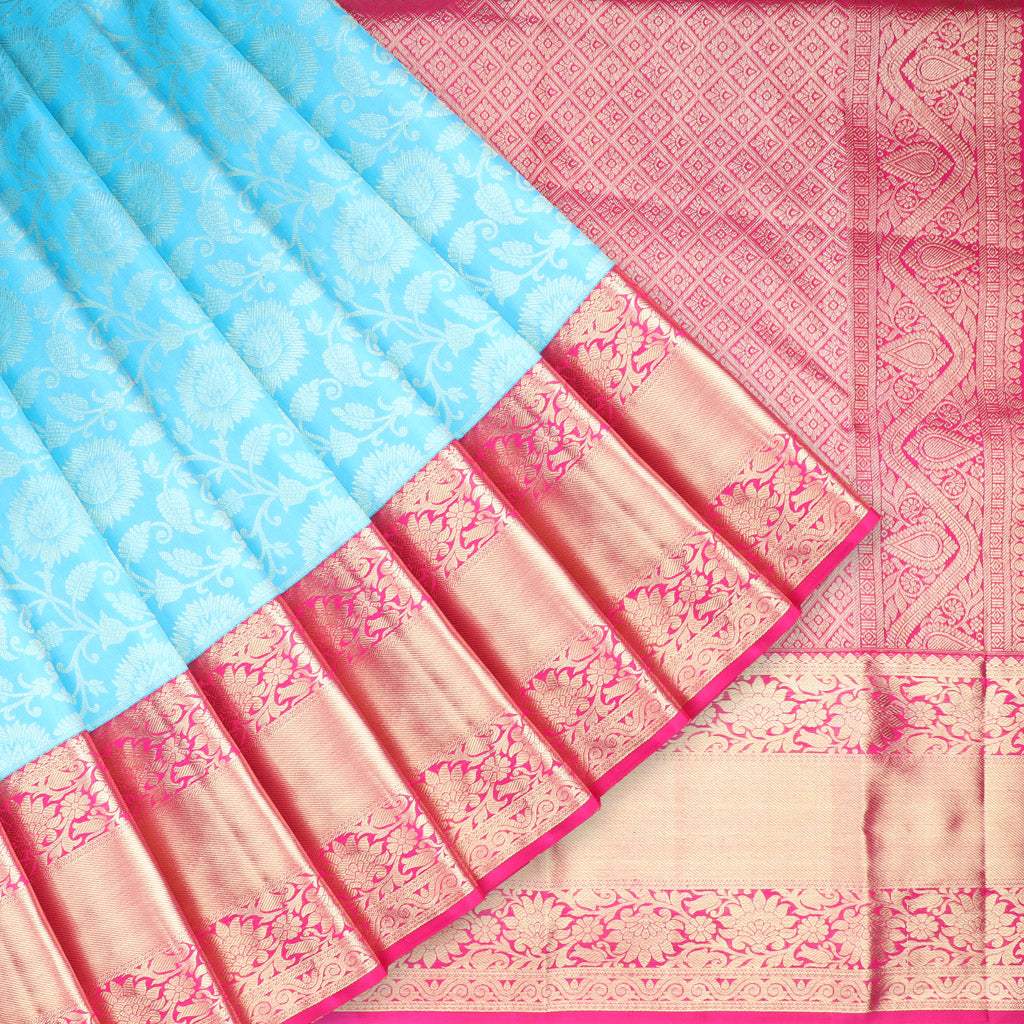 Sky Blue Kanjivaram Silk Saree With Floral Jaal Design - Singhania's