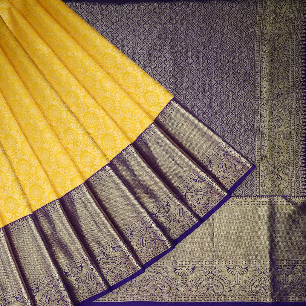 Sunshine Yellow Kanjivaram Silk Saree With Floral Jaal Design - Singhania's