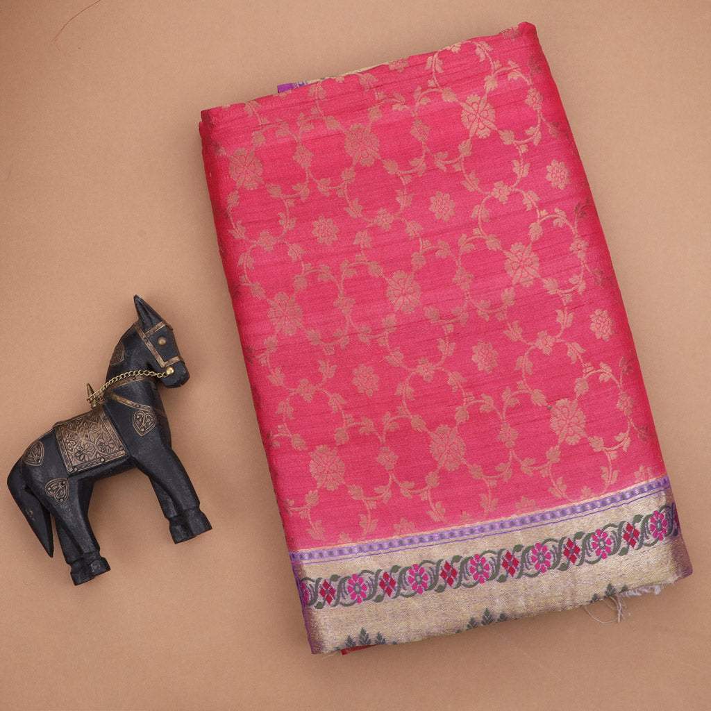 French Pink Tussar Jamdhani Handloom Silk Saree With Floral Jaal - Singhania's