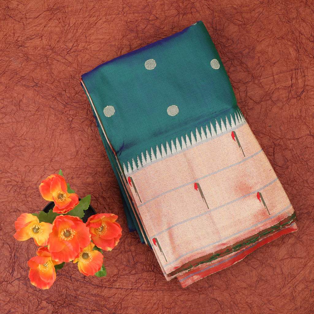 Pine Green Paithani Silk Handloom Saree With Munia Border - Singhania's