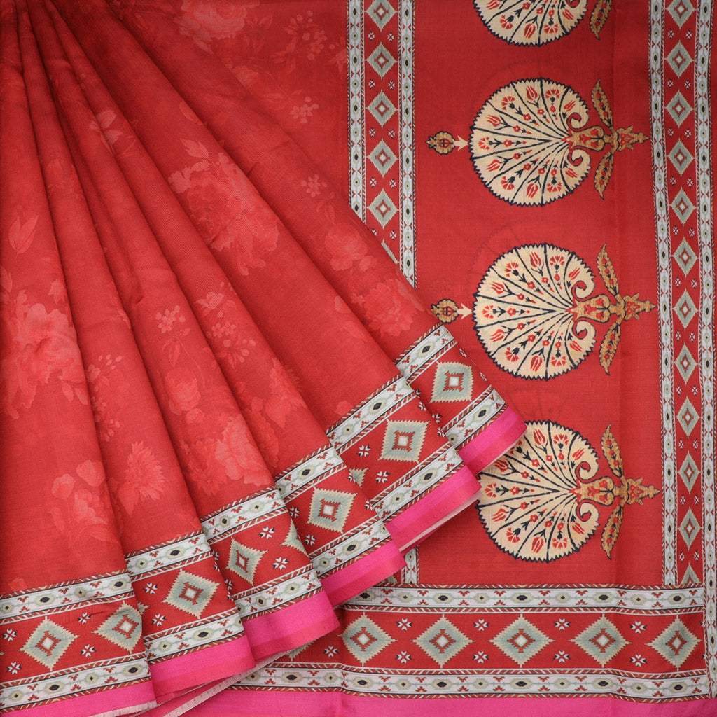 Red Floral Printed Silk Saree - Singhania's
