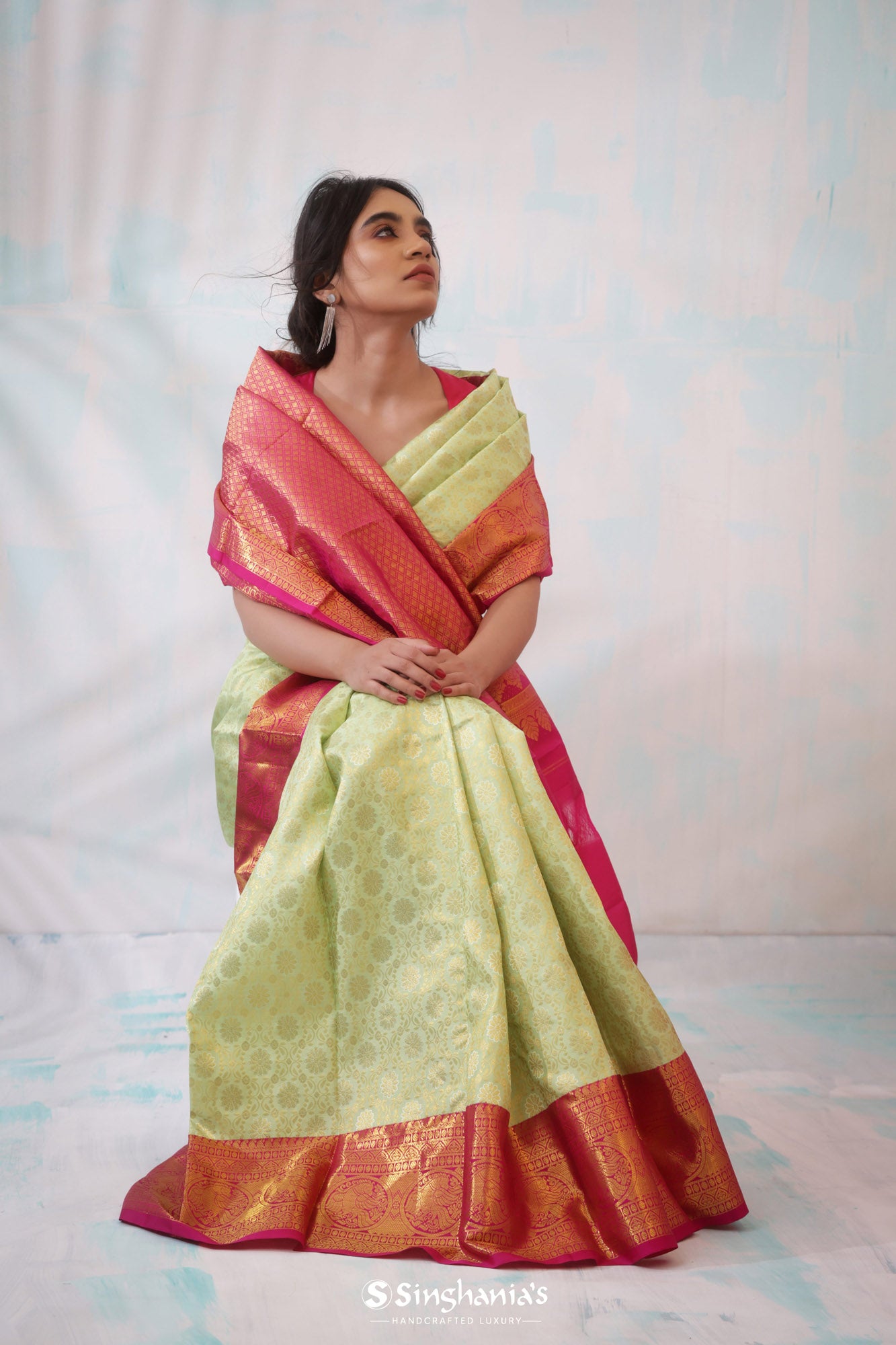 Pastel Mint Kanjivaram Silk Saree With Floral Design