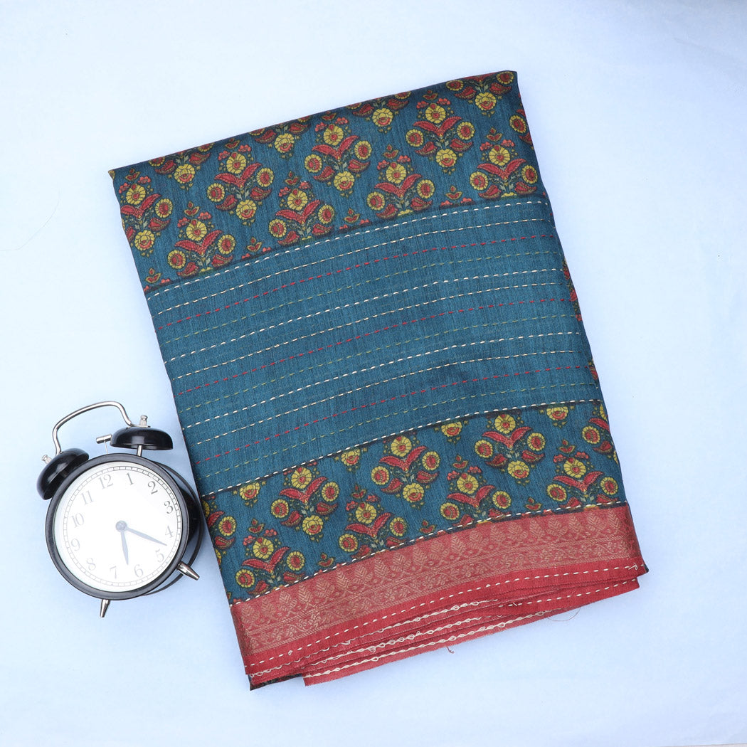 Blue Printed Tussar Saree With Kantha Embroidery