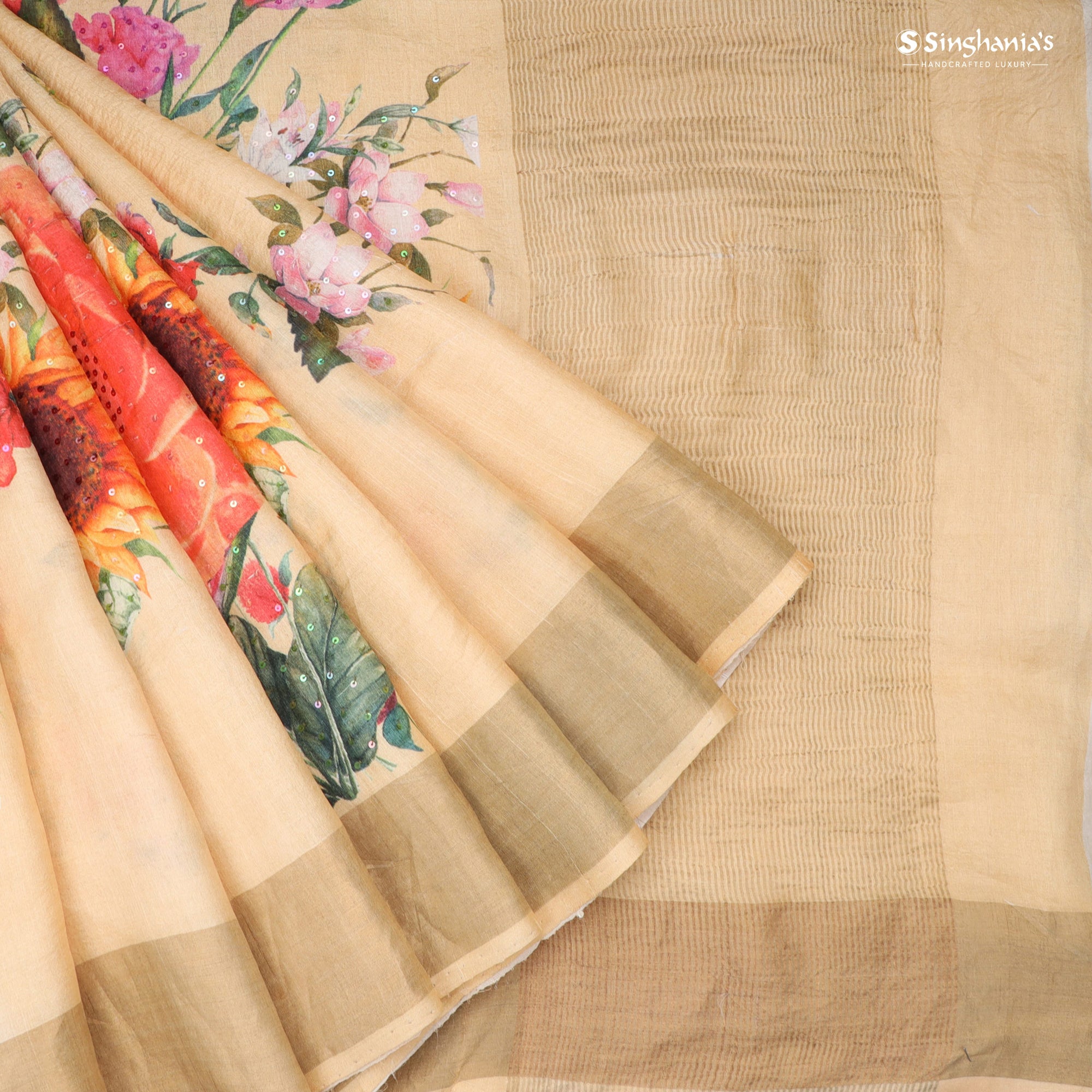 Pastel Cream Printed Tussar Saree With Sequin Embroidery
