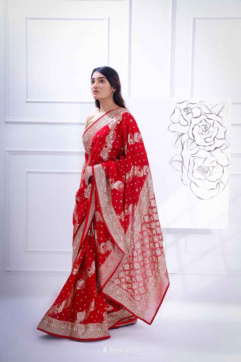 Ajax Red Organza Saree With Hand Embroidery