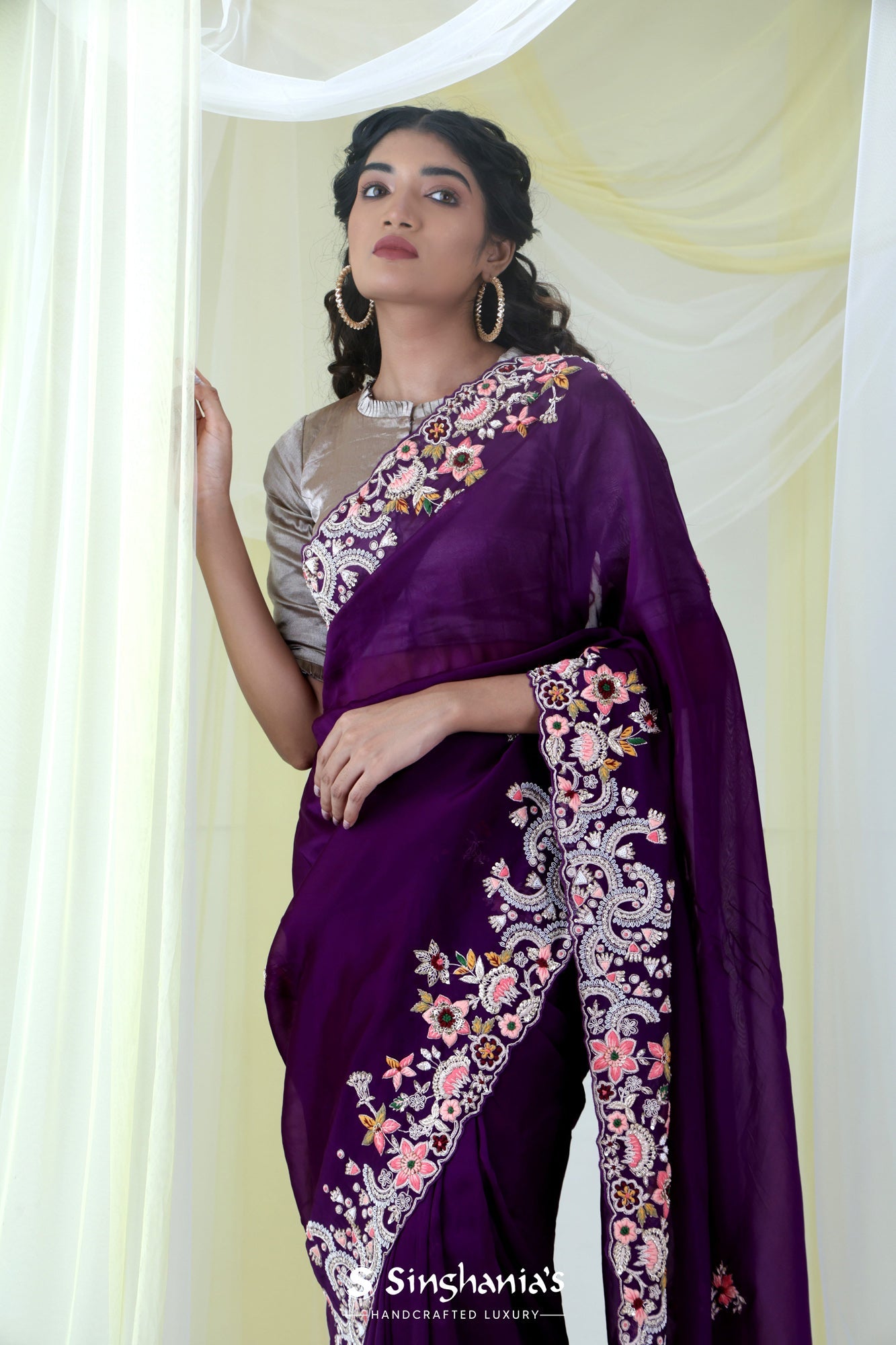 Purple Organza Floral Embroidery Saree