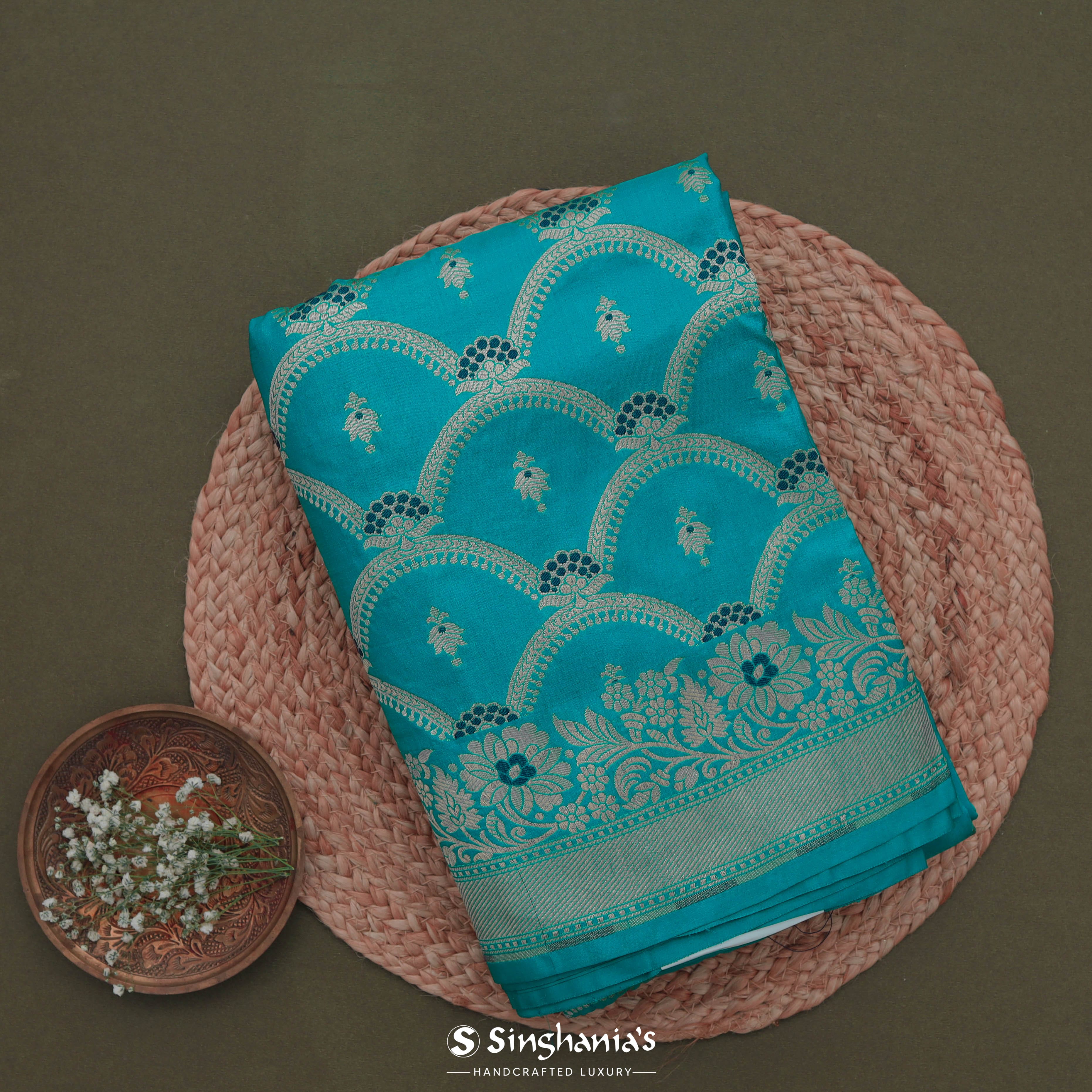 Manganese Blue Banarasi Silk Saree With Floral Jaal Pattern