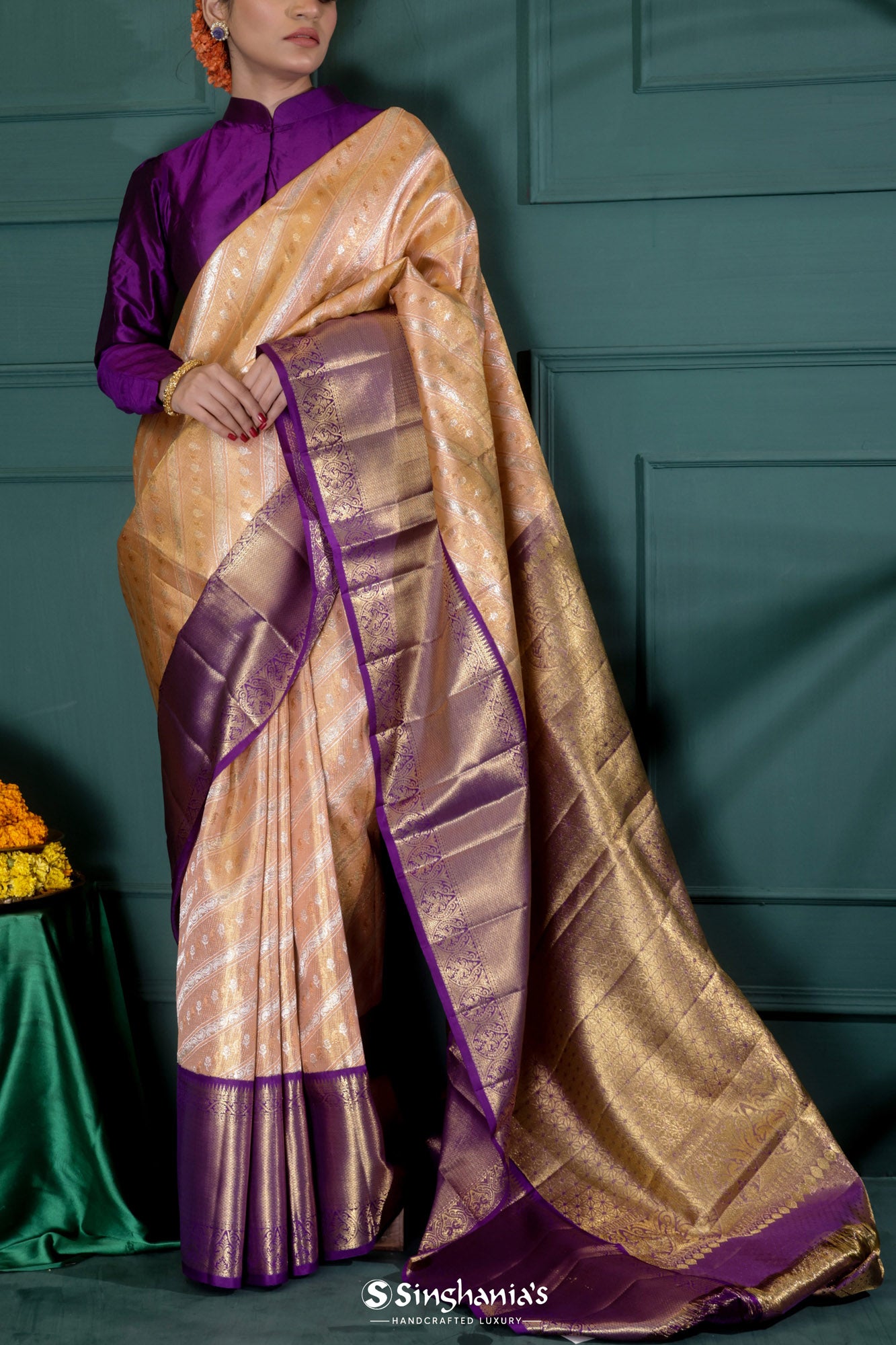 Apricot Peach Kanjivaram Silk Saree With Floral Stripes Pattern