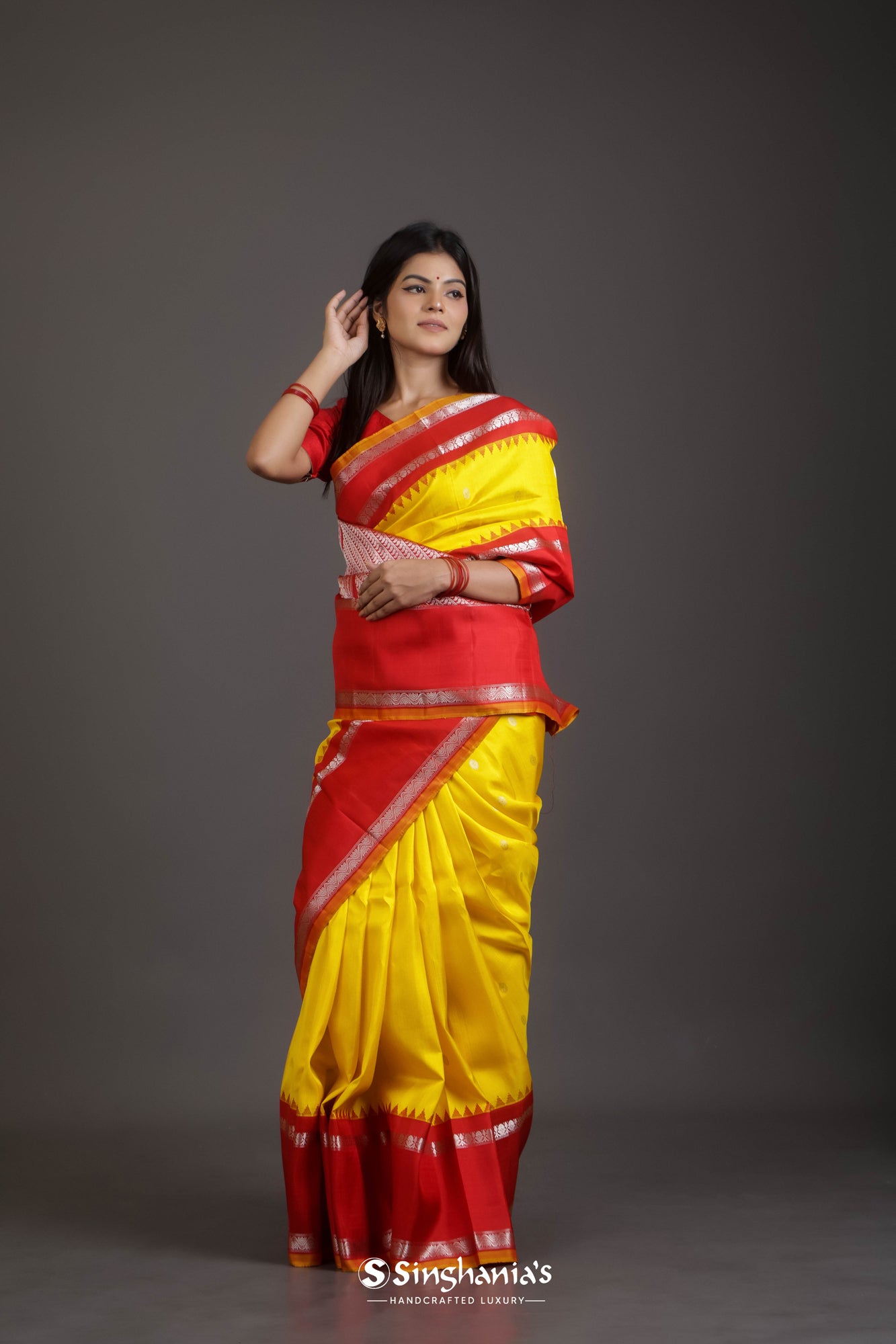 Canary Yellow Gadwal Silk Saree With Floral Buttis