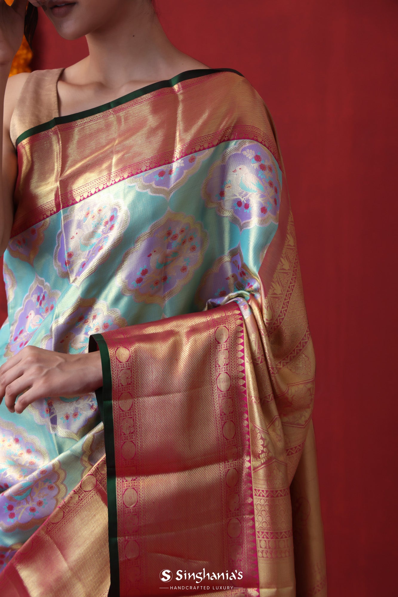 Tiffany Blue Korvai Tissue Kanjivaram Saree With Floral Buttas Pattern