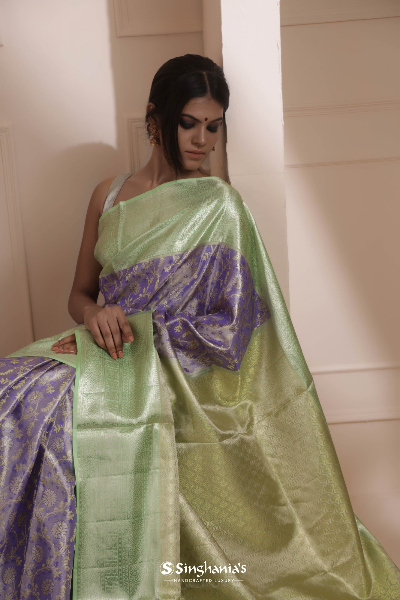 Deep Blue-Purple Kanjivaram Silk Saree With Floral Jaal Weaving