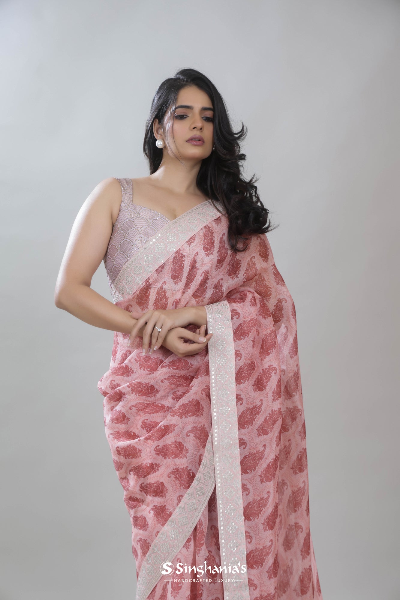 Pale Blush Pink Printed Organza Saree With Floral Paisley Design