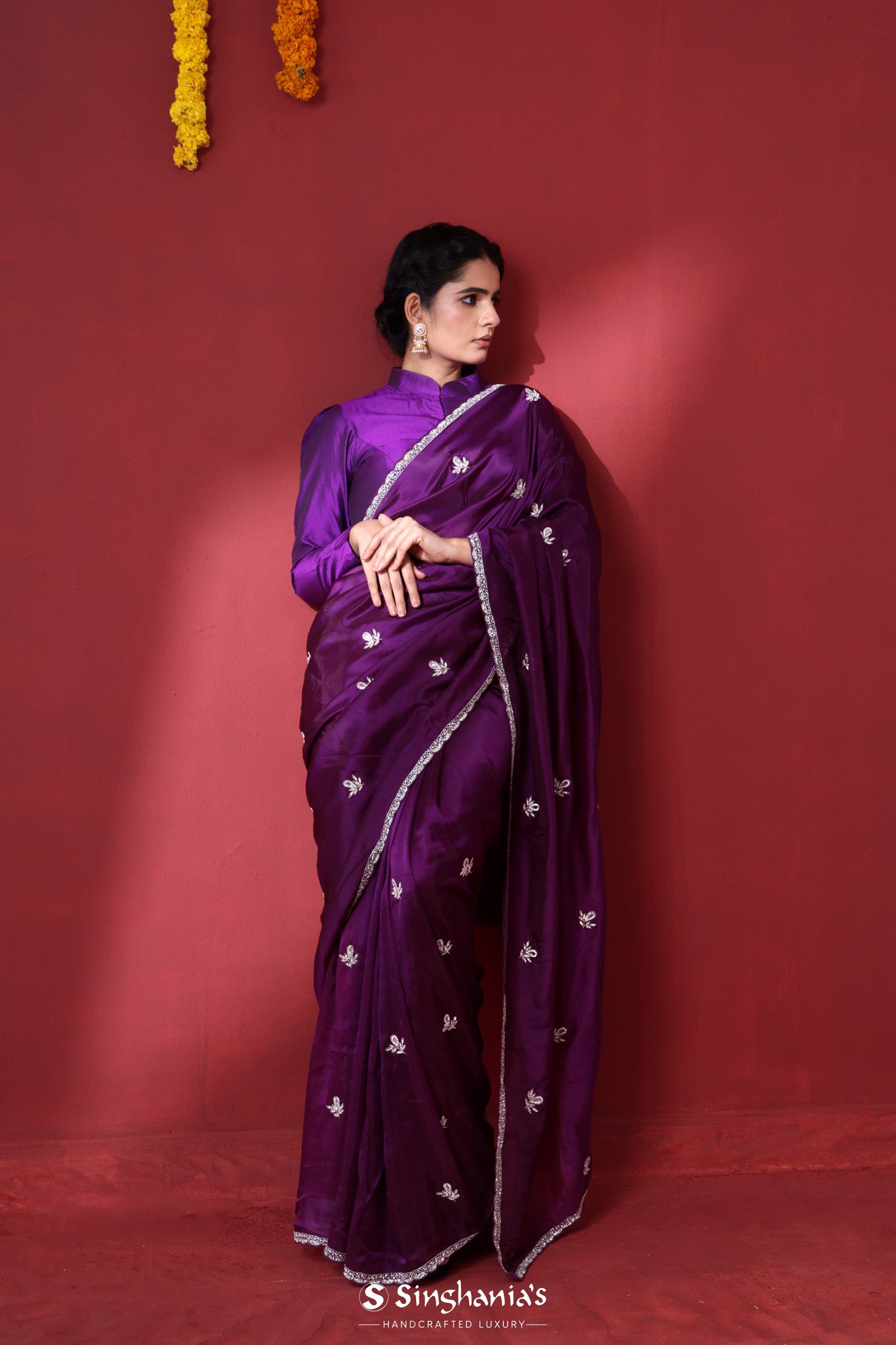 Palatinate Purple Tissue Organza Saree With Hand Embroidery
