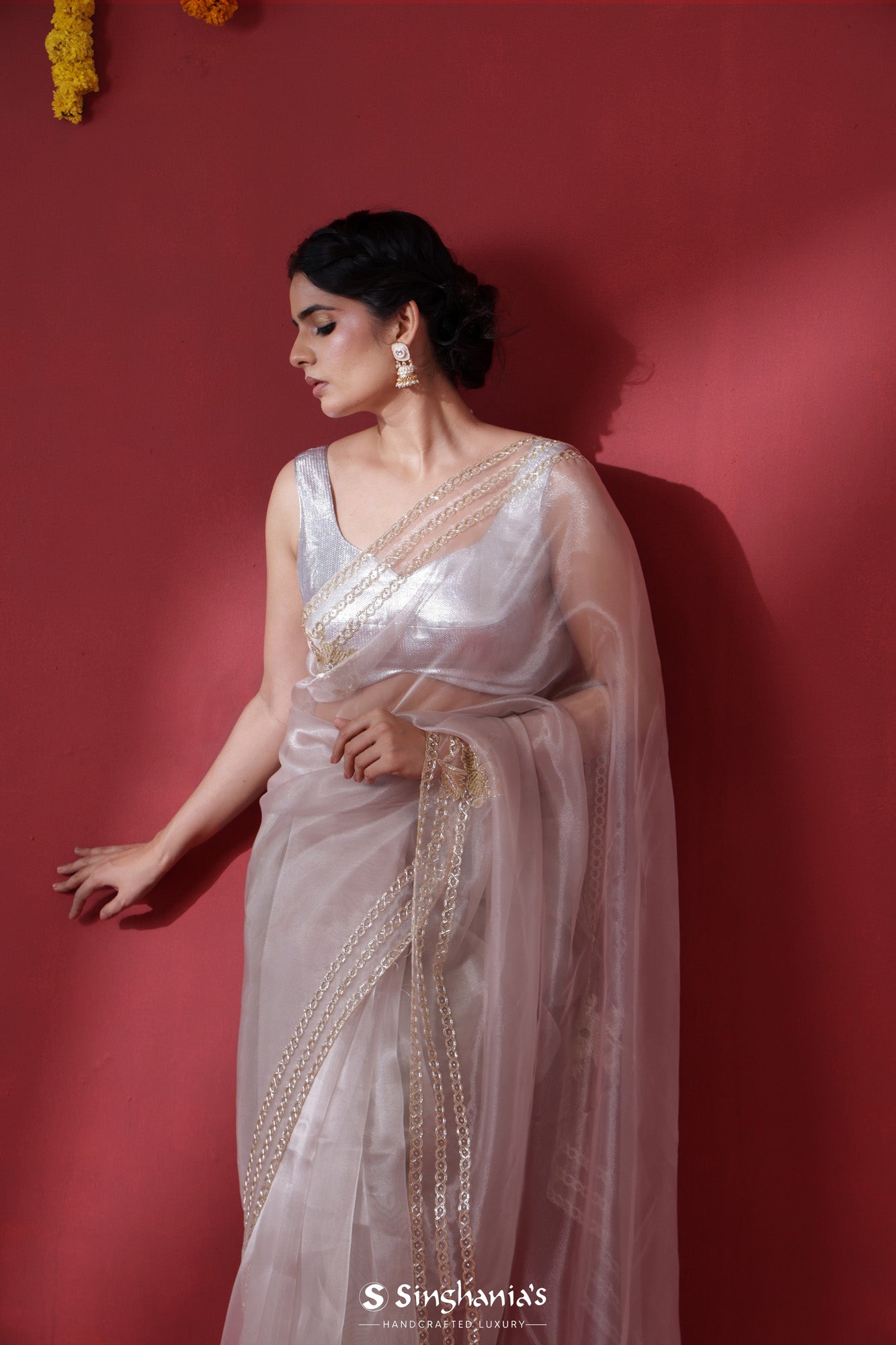 Magenta Pink Pure Tissue Organza Polka Weave Saree
