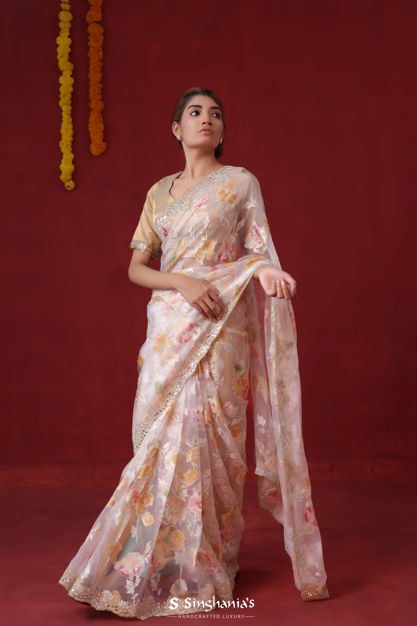 Acadia White Printed Organza Saree With Hand Embroidery