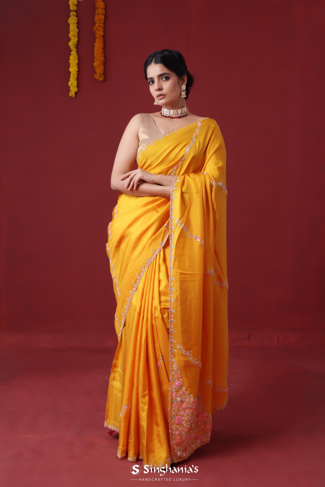 Vibrant Yellow Satin Saree With Floral Stripes Embroidery
