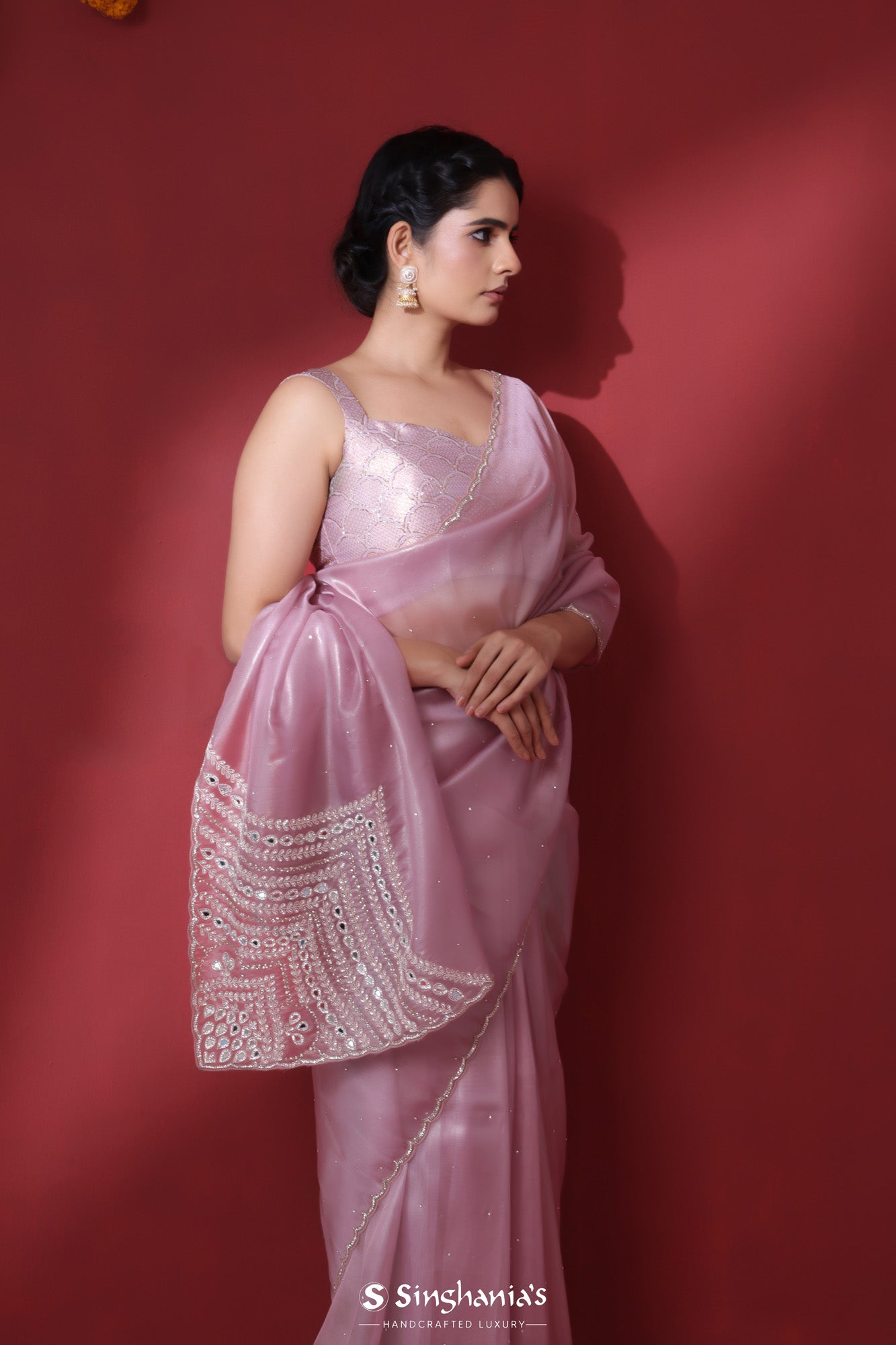 Cameo Pink Tissue Organza Saree With Hand Embroidery