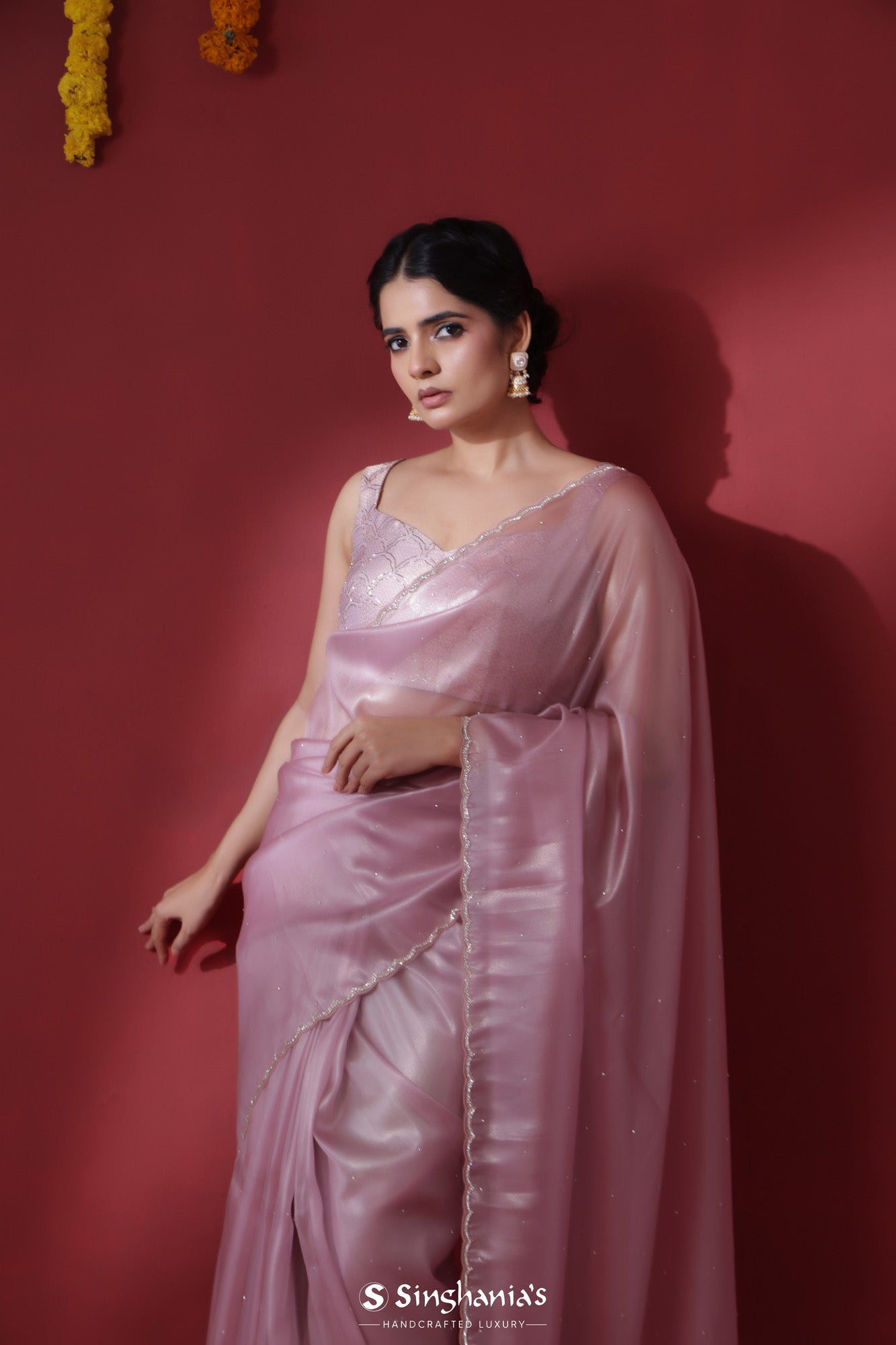 Cameo Pink Tissue Organza Saree With Hand Embroidery