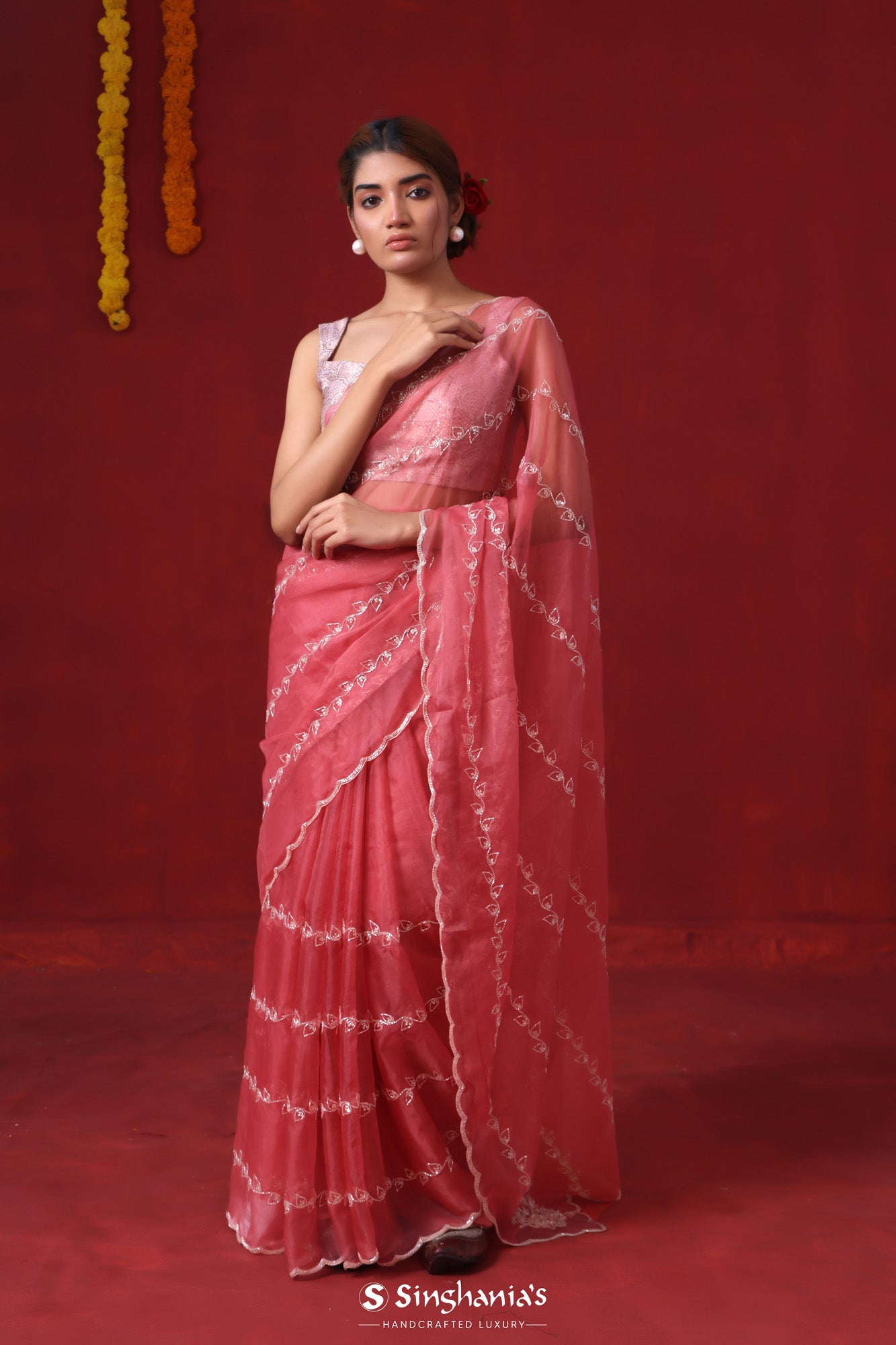 Chestnut Pink Organza Saree With Hand Embroidery
