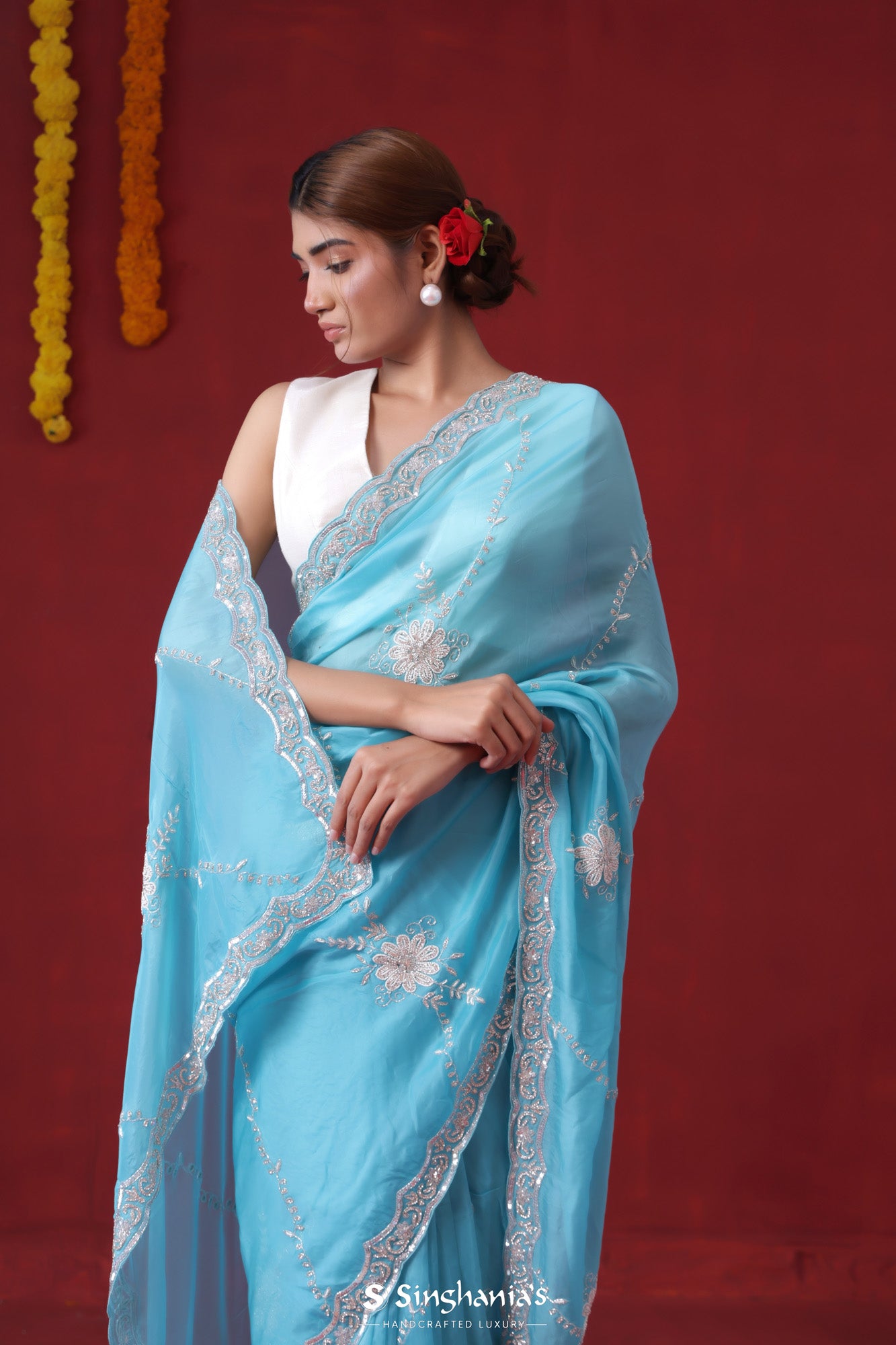 Bright Blue Organza Saree With Hand Embroidery