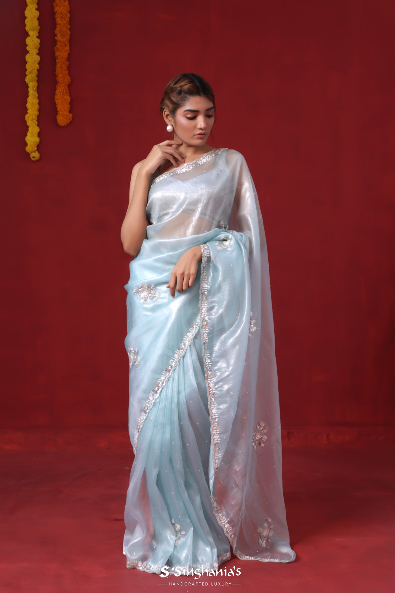 Pastel Sky Blue Tissue Organza Saree With Hand Embroidery