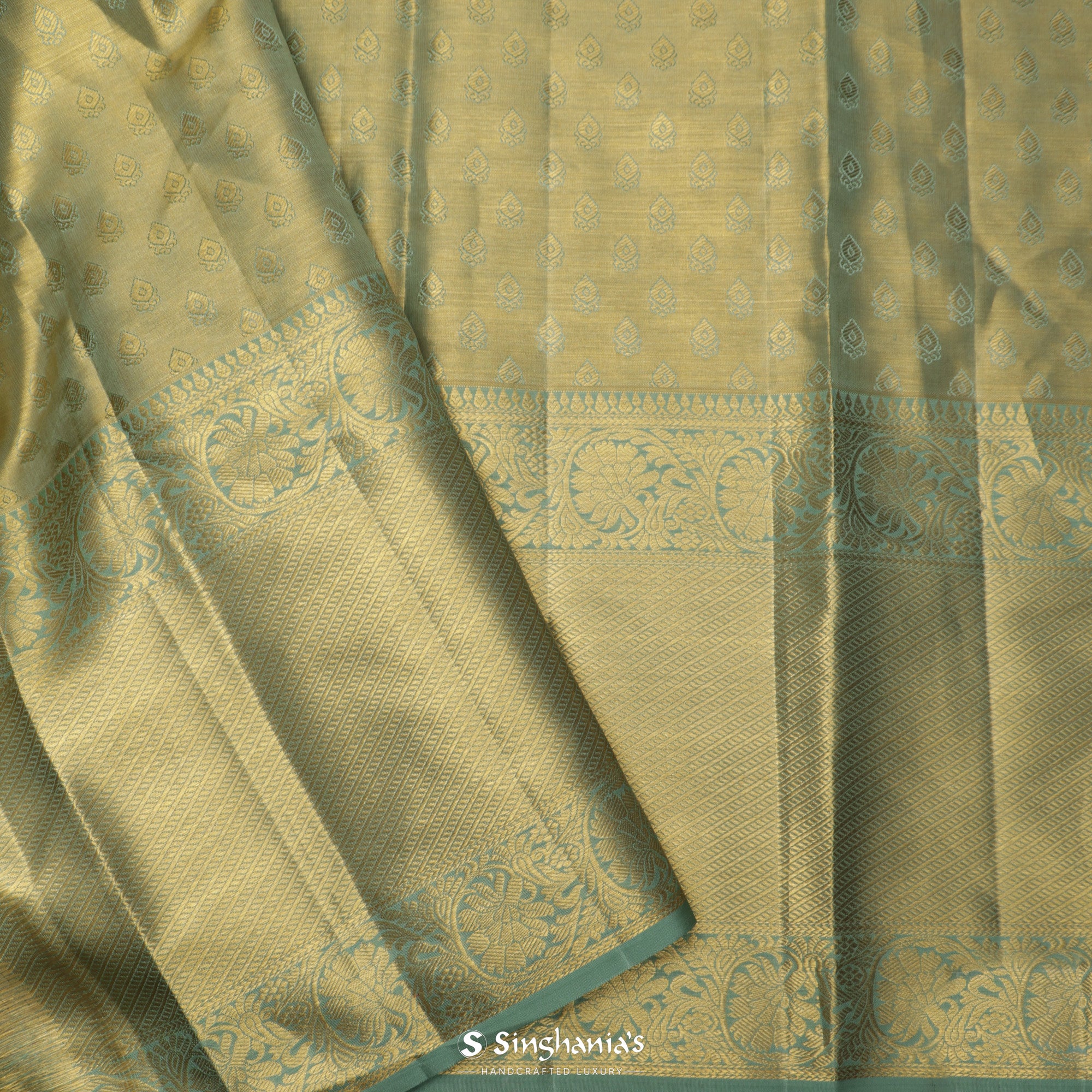 Peach-Green Meenakari Tissue Kanjivaram Saree With Floral Weaving