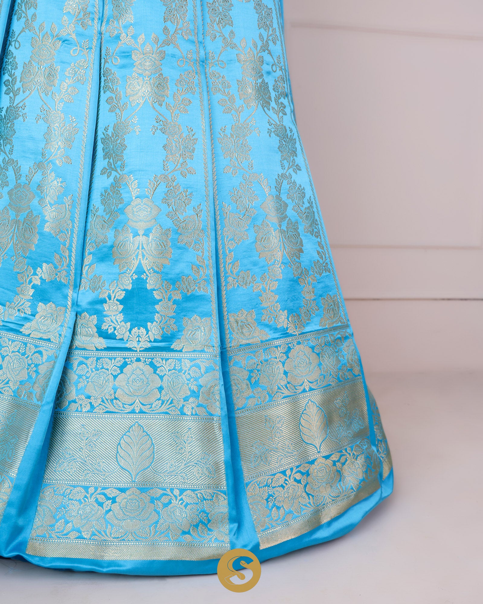 Capri Blue Unstitched Lehenga With Floral Zari Weaving