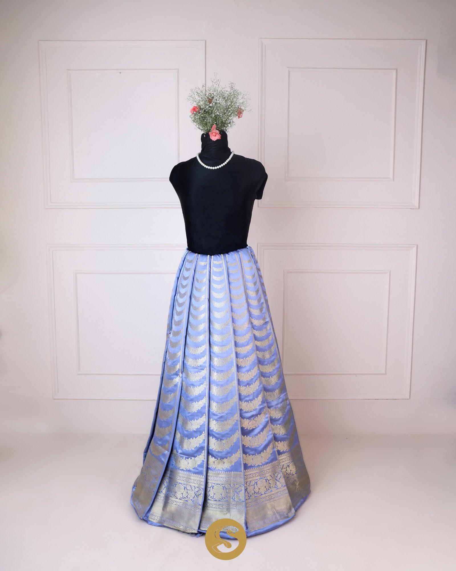 Berry Blue Unstitched Lehenga With Floral Zari Weaving