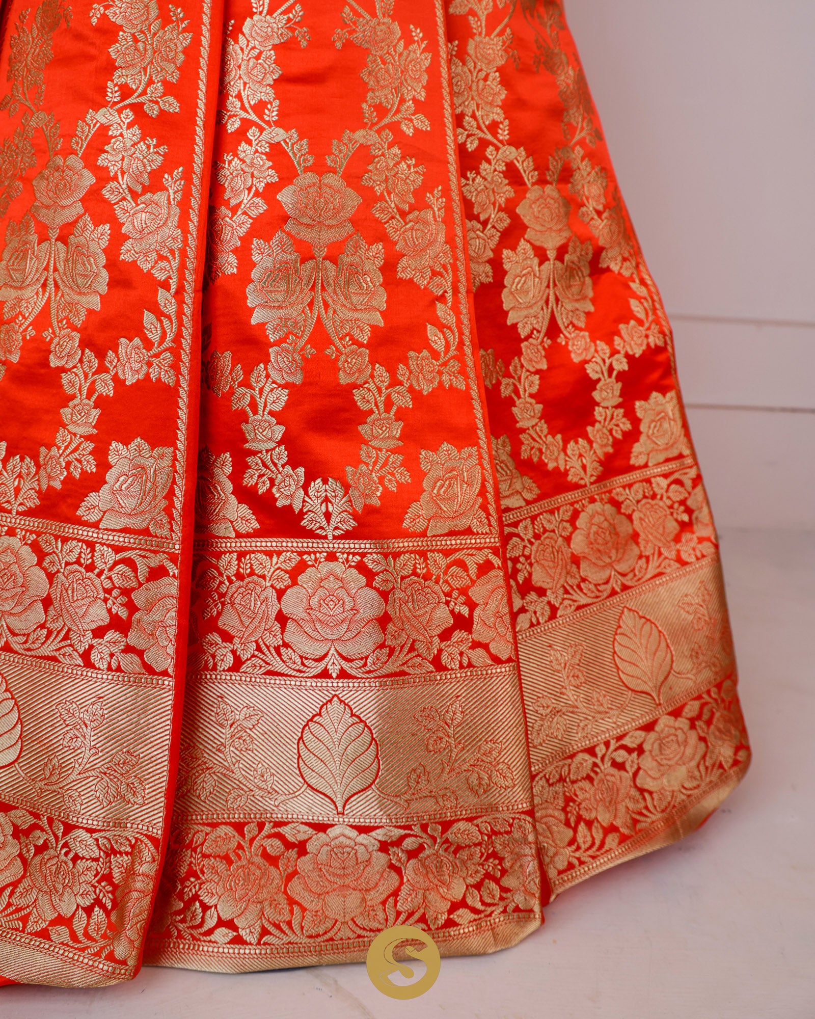 Scarlet Red Unstitched Lehenga With Floral Zari Weaving