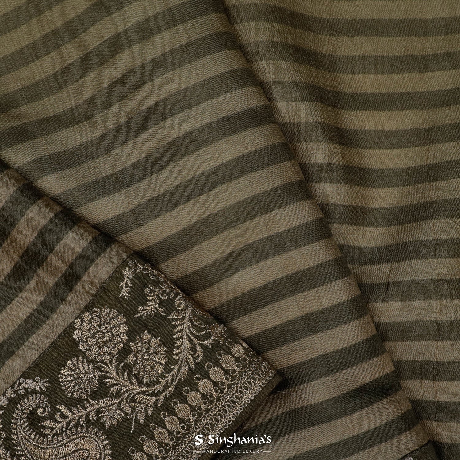 Gray-Green Tussar Saree With Horizontal Stripes Pattern