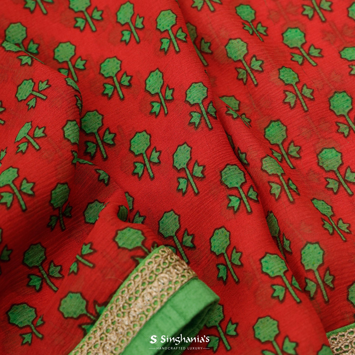 Imperial Red Printed Chiffon Saree With Floral Butti Pattern