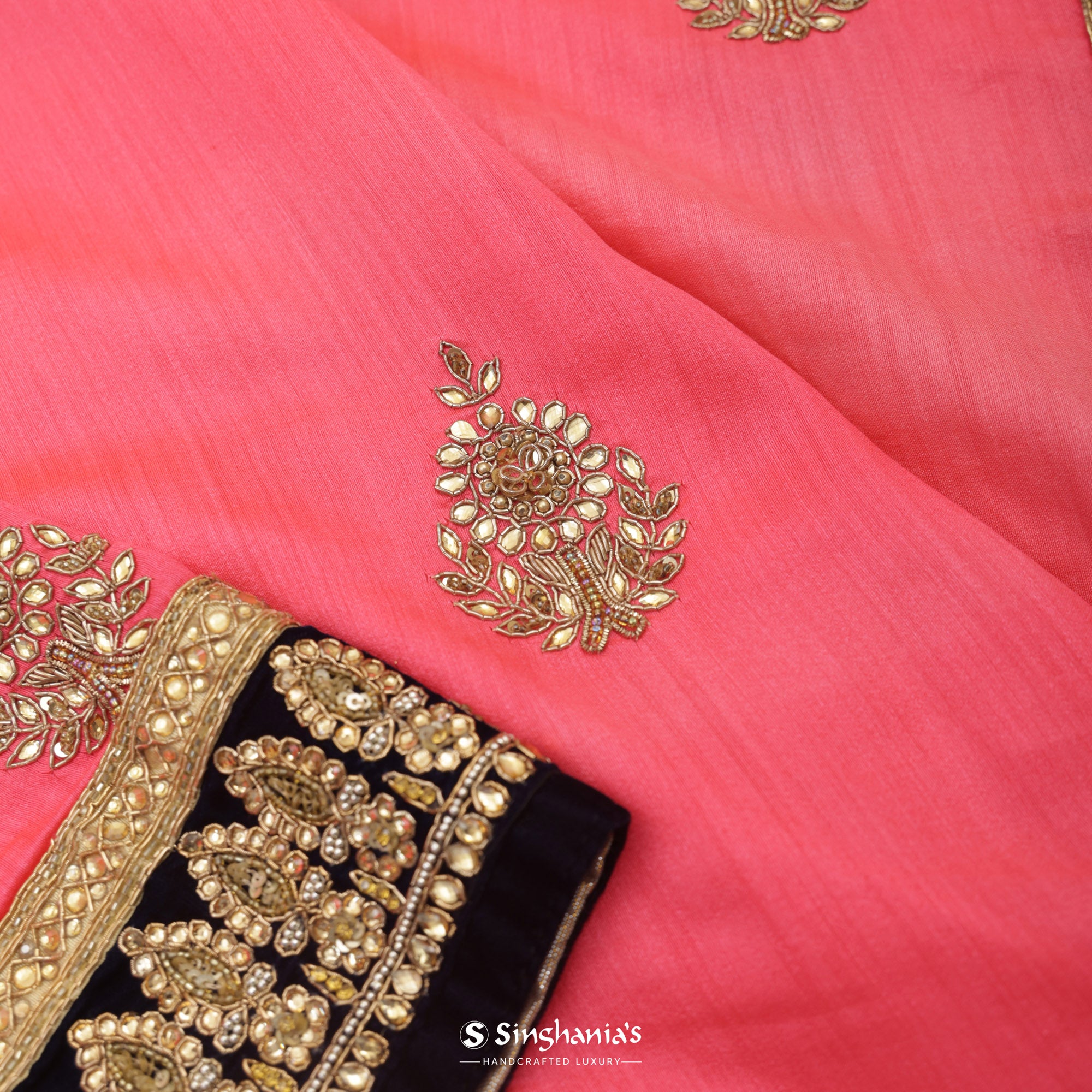 Watermelon Pink Maheshwari Saree With Hand Embroidery