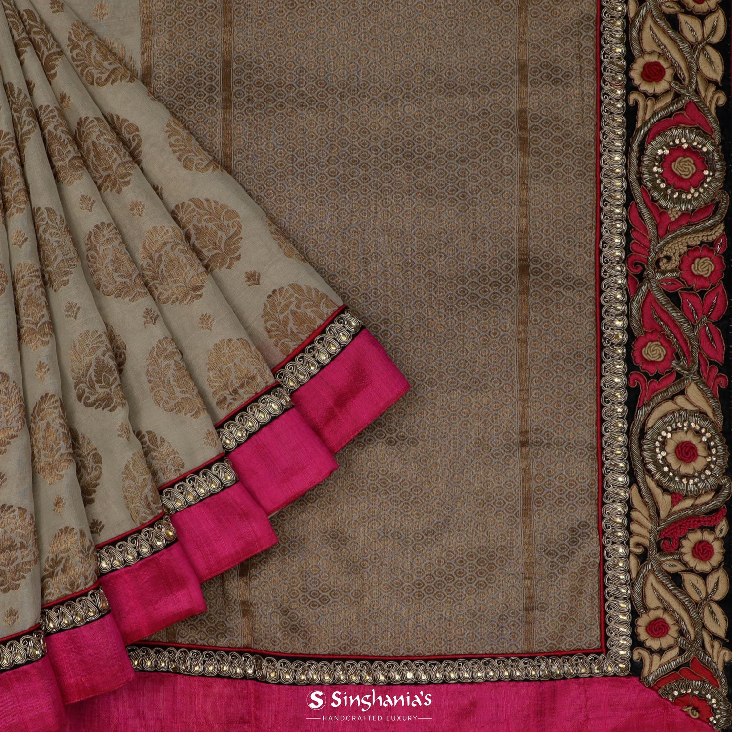 Autumn Cream Moonga Saree With Floral Zari Buttas