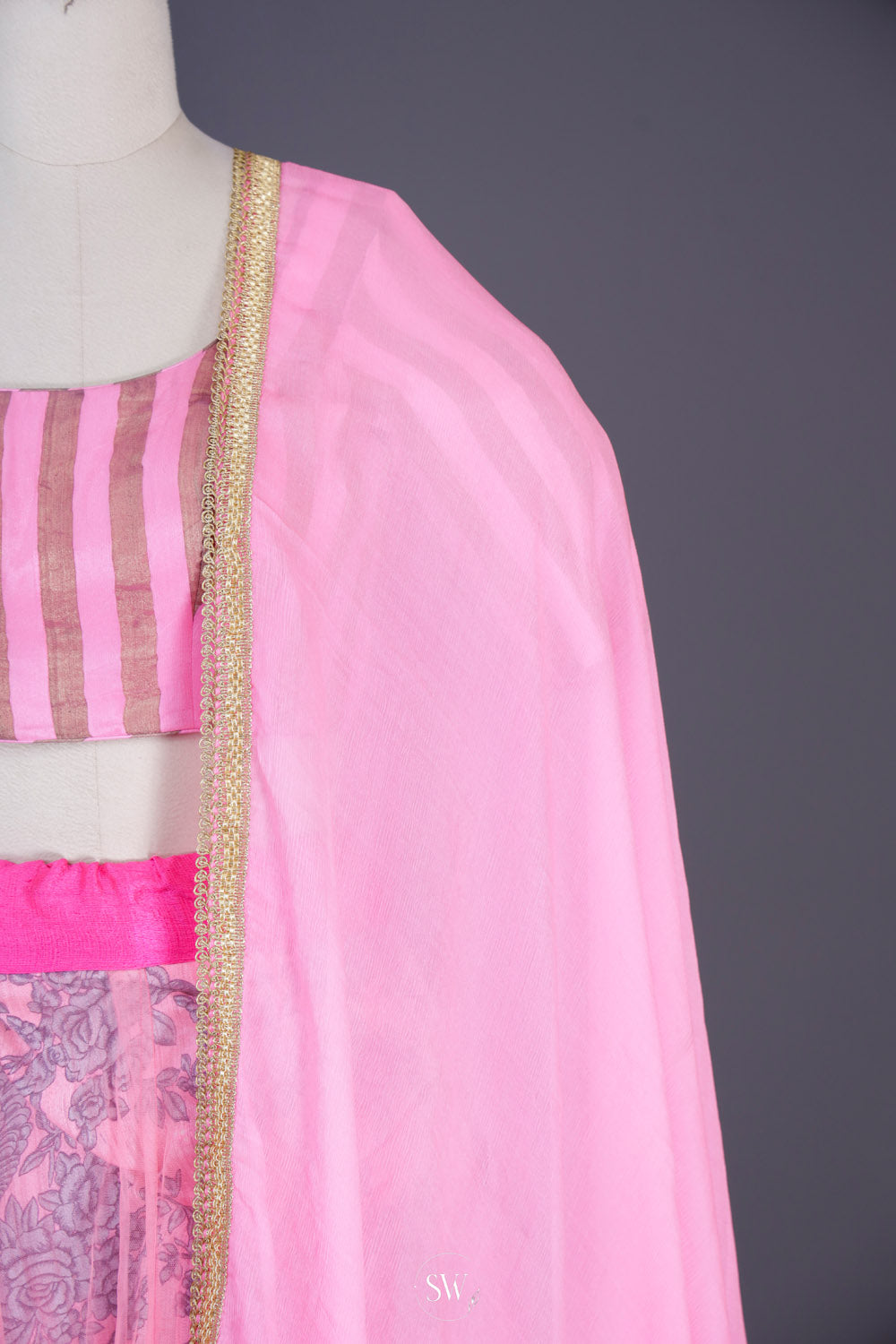 Bright Pink Net Lehenga Set With Printed Detailing