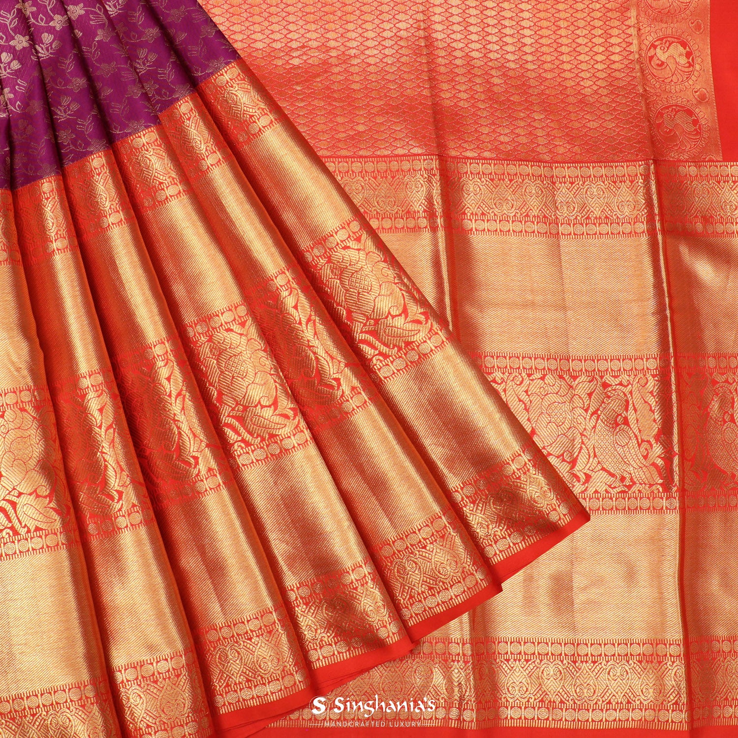 Dark Magenta Purple Kanchi Silk Saree With Floral Jaal Pattern