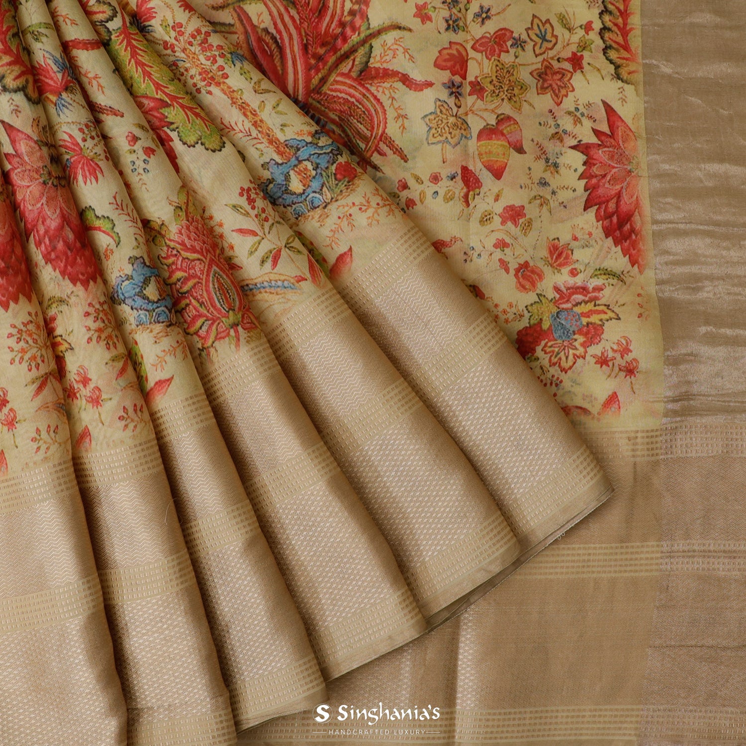 Cream Yellow Printed Silk Saree With Floral Pattern