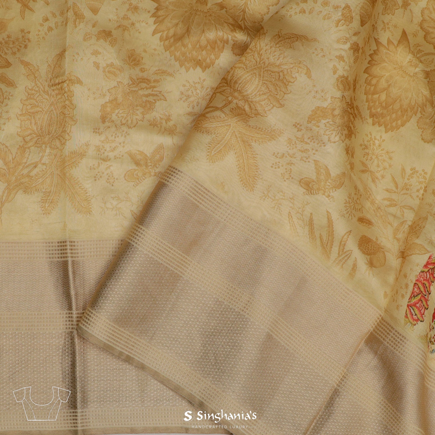 Sand Yellow Printed Silk Saree With Floral Pattern