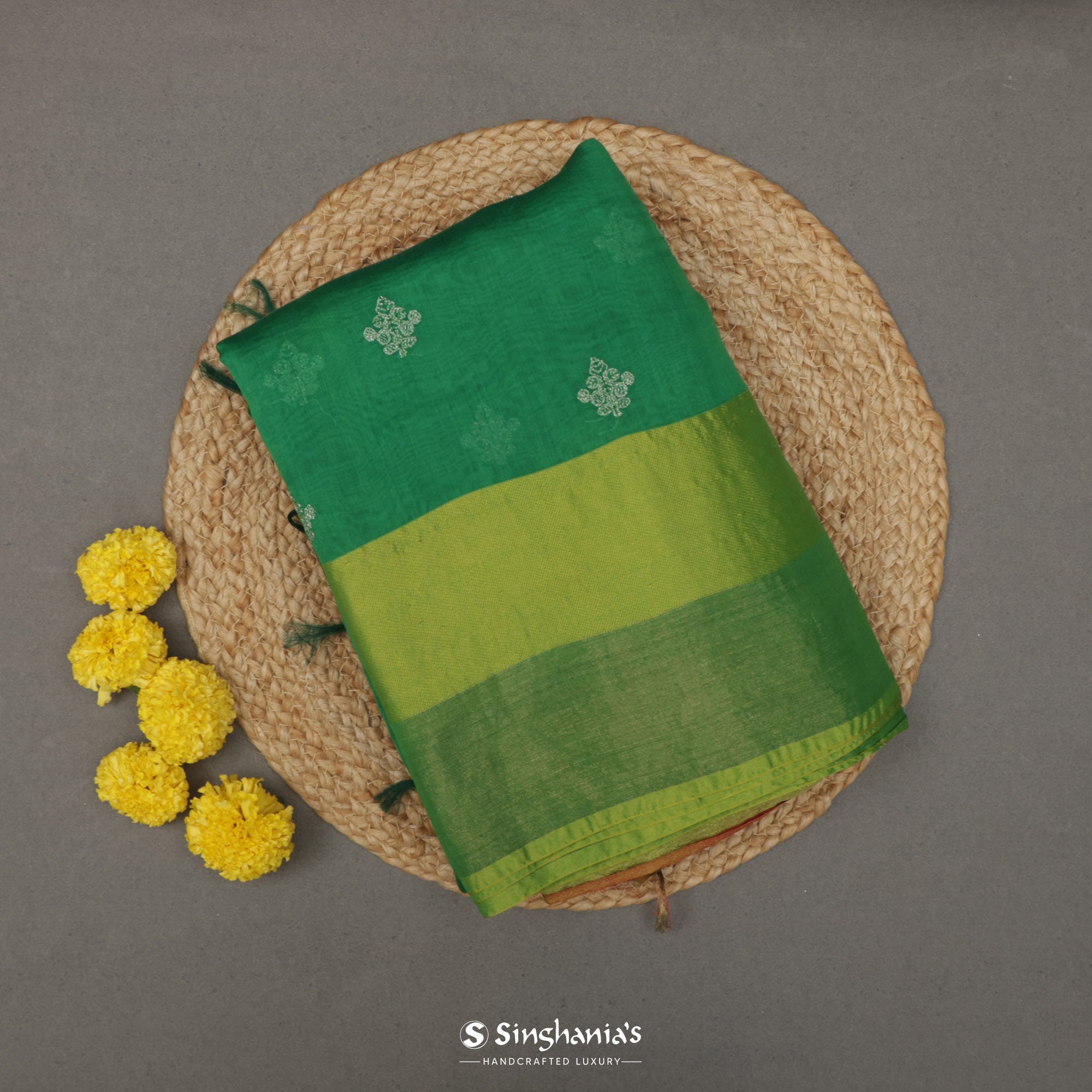 Medium Sea Green Chanderi Saree With Floral Buttis With Thread Embroidery