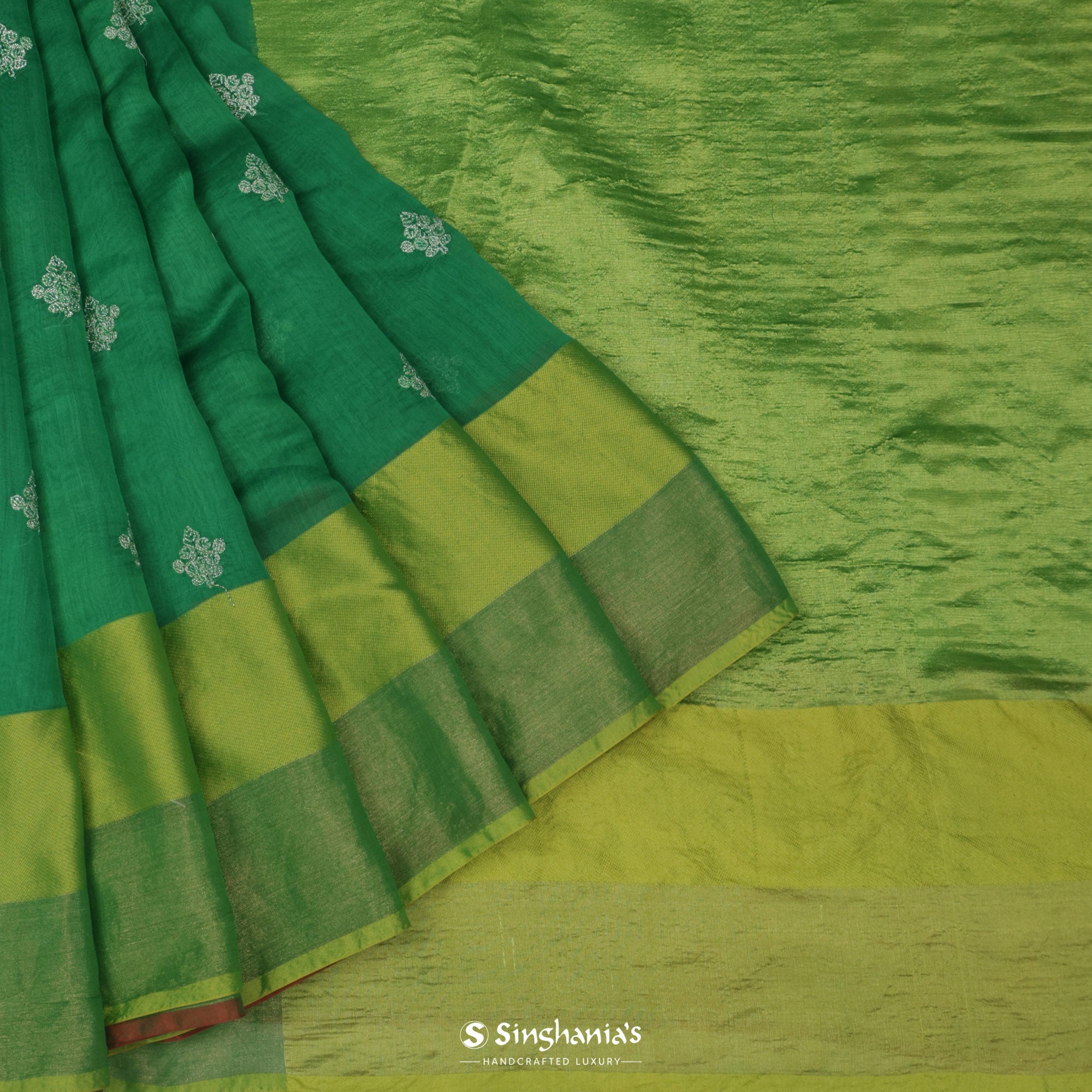 Medium Sea Green Chanderi Saree With Floral Buttis With Thread Embroidery