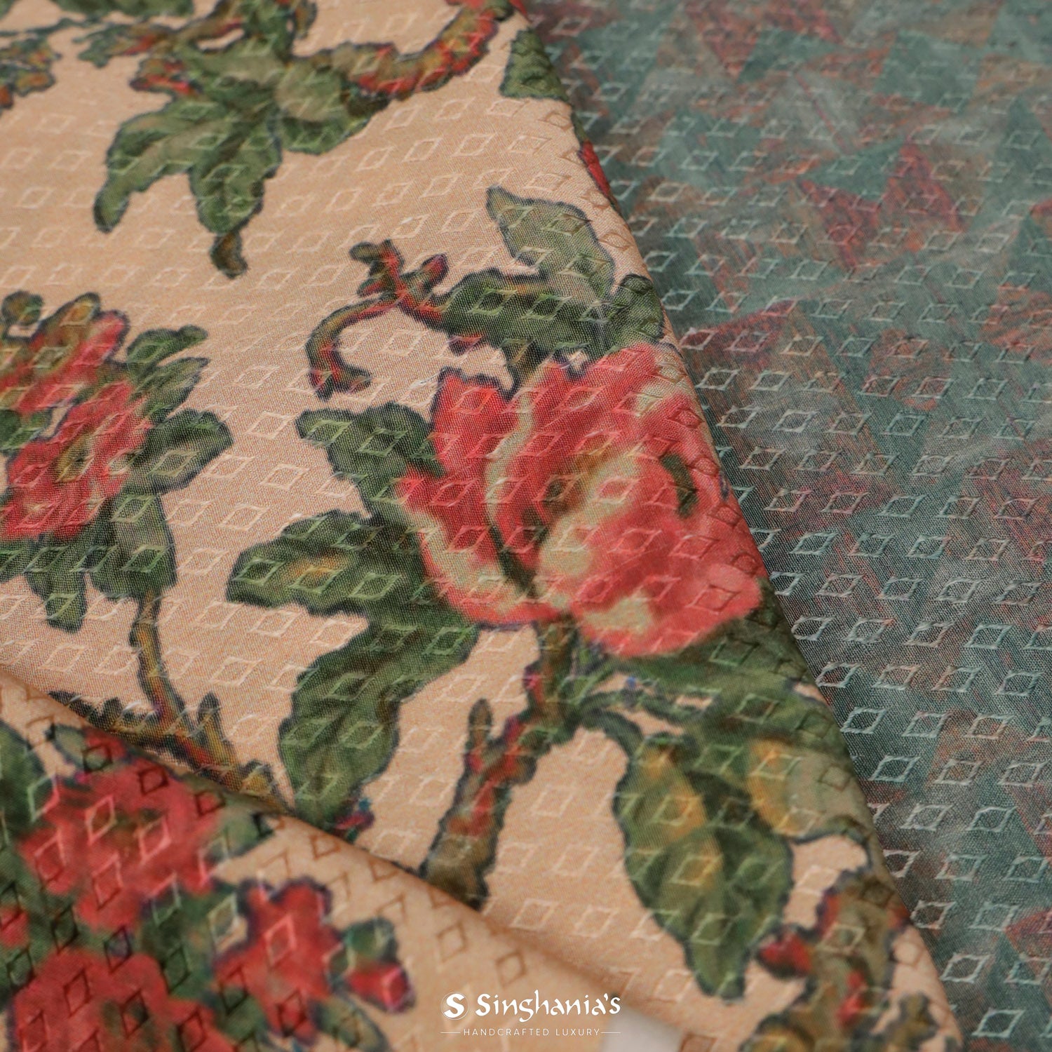 Desert Sand Cream Printed Georgette Saree With Floral Pattern